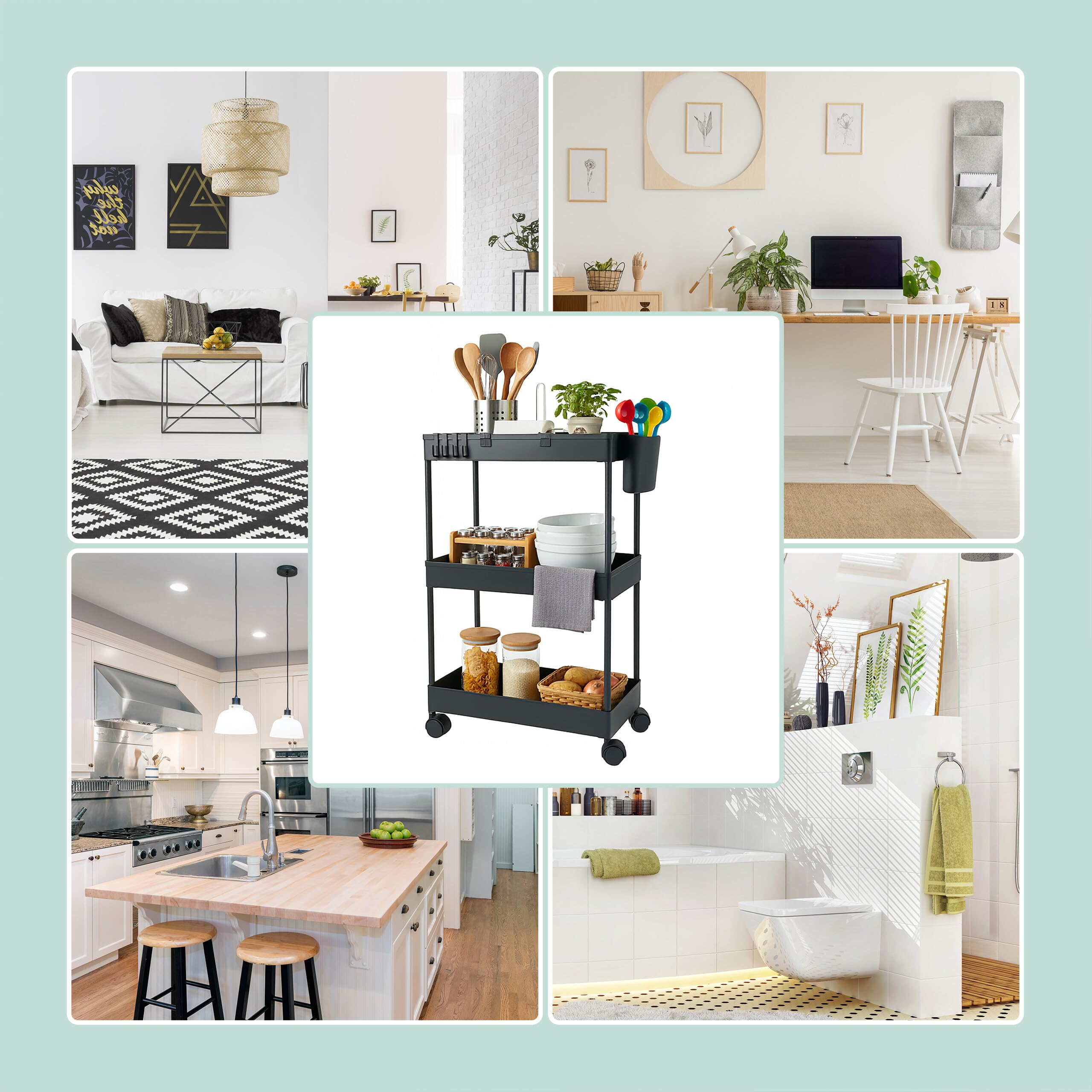Carrello Relaxdays, 3 Ripiani, Carrello di Servizio, Carrello da Cucina, HLP: 62,5x40x22 cm, Nero