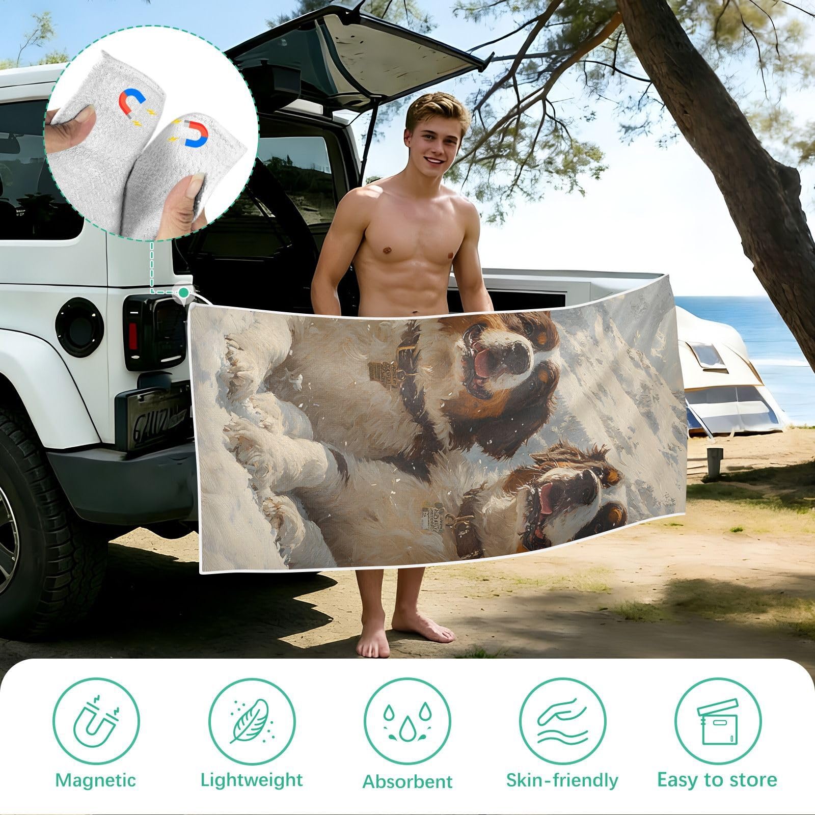 Toallas de playa grandes con bolsas de malla para adultos, toalla de baño de perro Bernard en montaña con cierre magnético, toalla absorbente de secado rápido para piscina, camping y viajes, 190