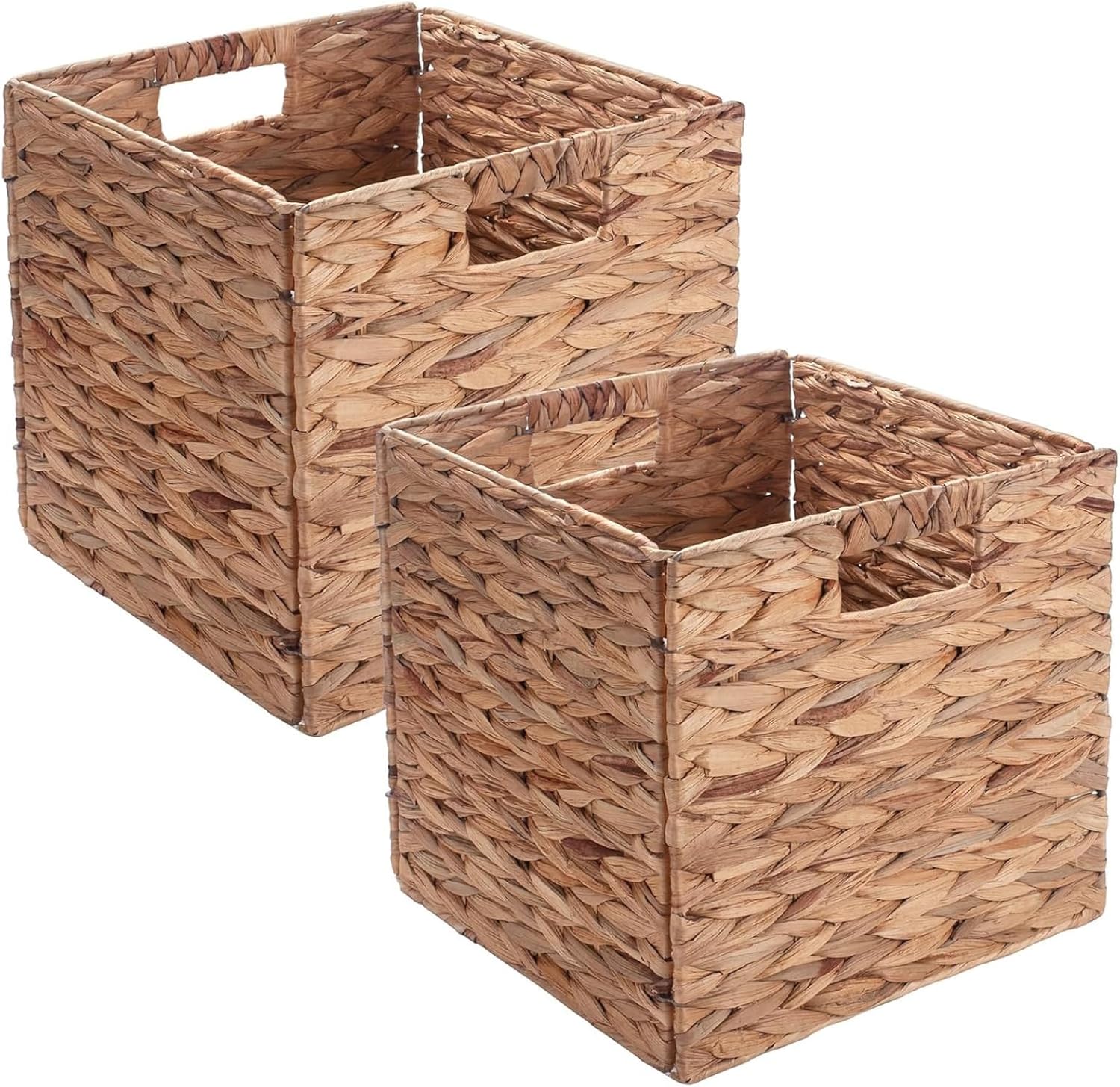 Set of 2 Wicker Storage Basket, Woven Baskets for Storage, Foldable Wicker Storage Baskets for Shelves, Cube Storage Bin for Shelves, Water Hyacinth Laundry Organizer Square Baskets, 12''x12''x12''