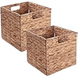 Set of 2 Wicker Storage Basket, Woven Baskets for Storage, Foldable Wicker Storage Baskets for Shelves, Cube Storage Bin for Shelves, Water Hyacinth Laundry Organizer Square Baskets, 12''x12''x12''