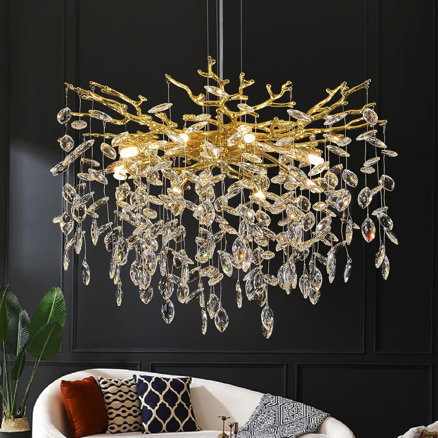 modern tree branch crystal chandelier 23.6" gold crystal dining room chandeliers 8-light luxury pendant lighting for kitchen bedroom living room round 23.6" gold-b