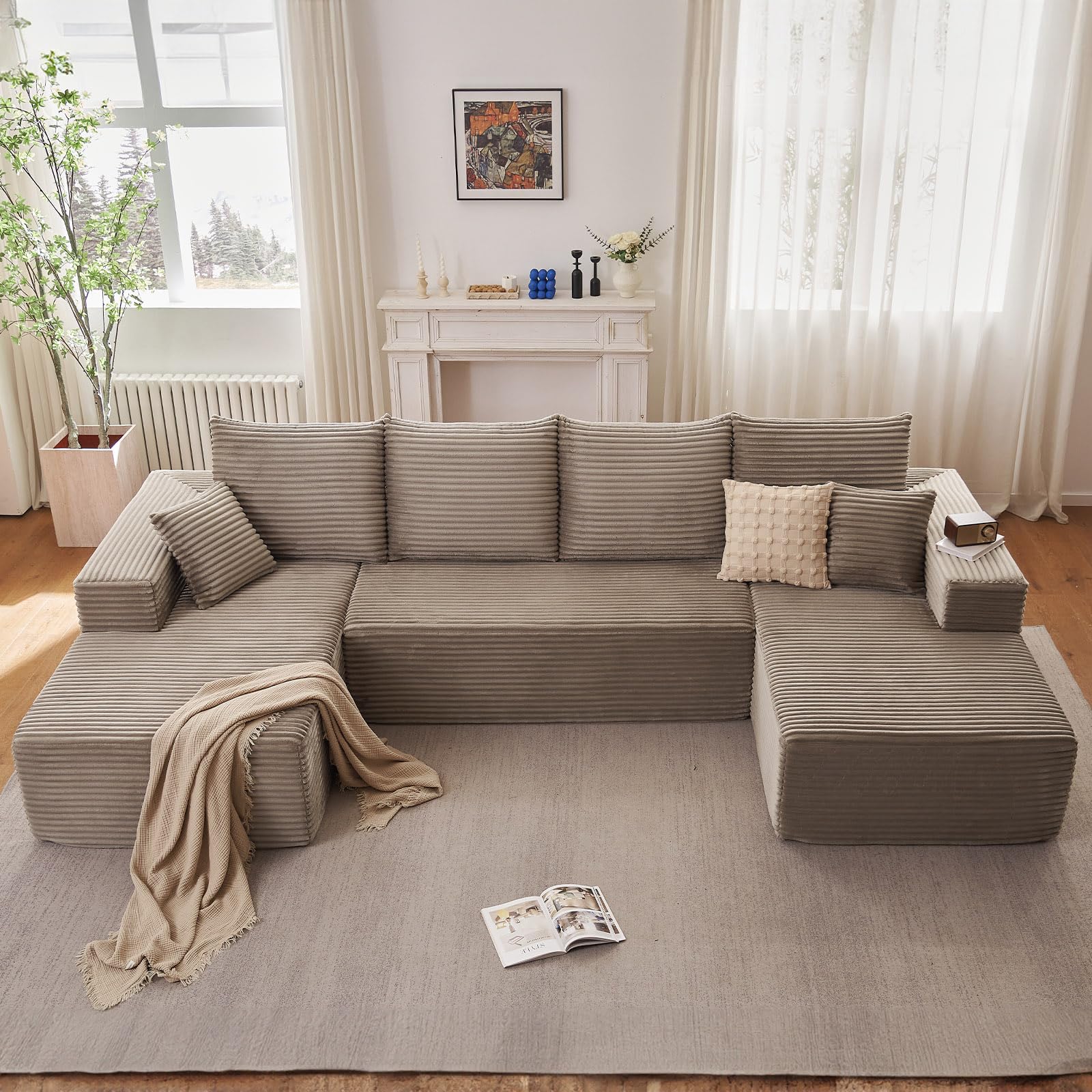 Oversized Modular Sectional Sofa Couch, Large 4 Seater Corner Sofa Modern U Shaped Sectional Couch Cloud Couches for Living Room, Office, Spacious Space, Corduroy, No Assembly Required, Camel