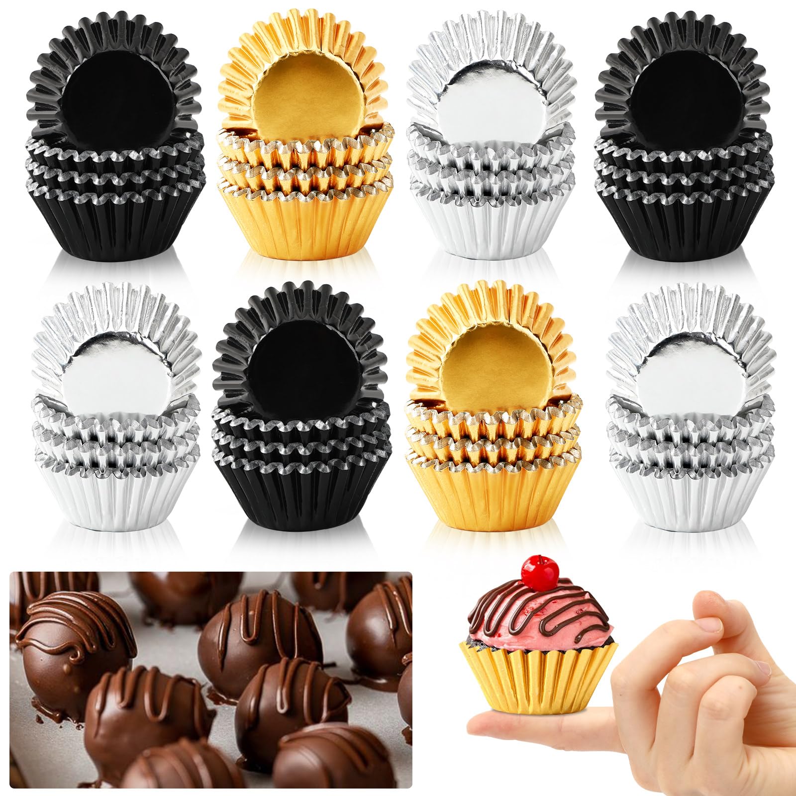 AUGSUN 400 mini forros de aluminio para cupcakes de graduación, dorados, plateados, negros, para hornear, mini magdalenas, envoltorios metálicos para graduación, Año Nuevo, fiesta, pasteles, dulces,