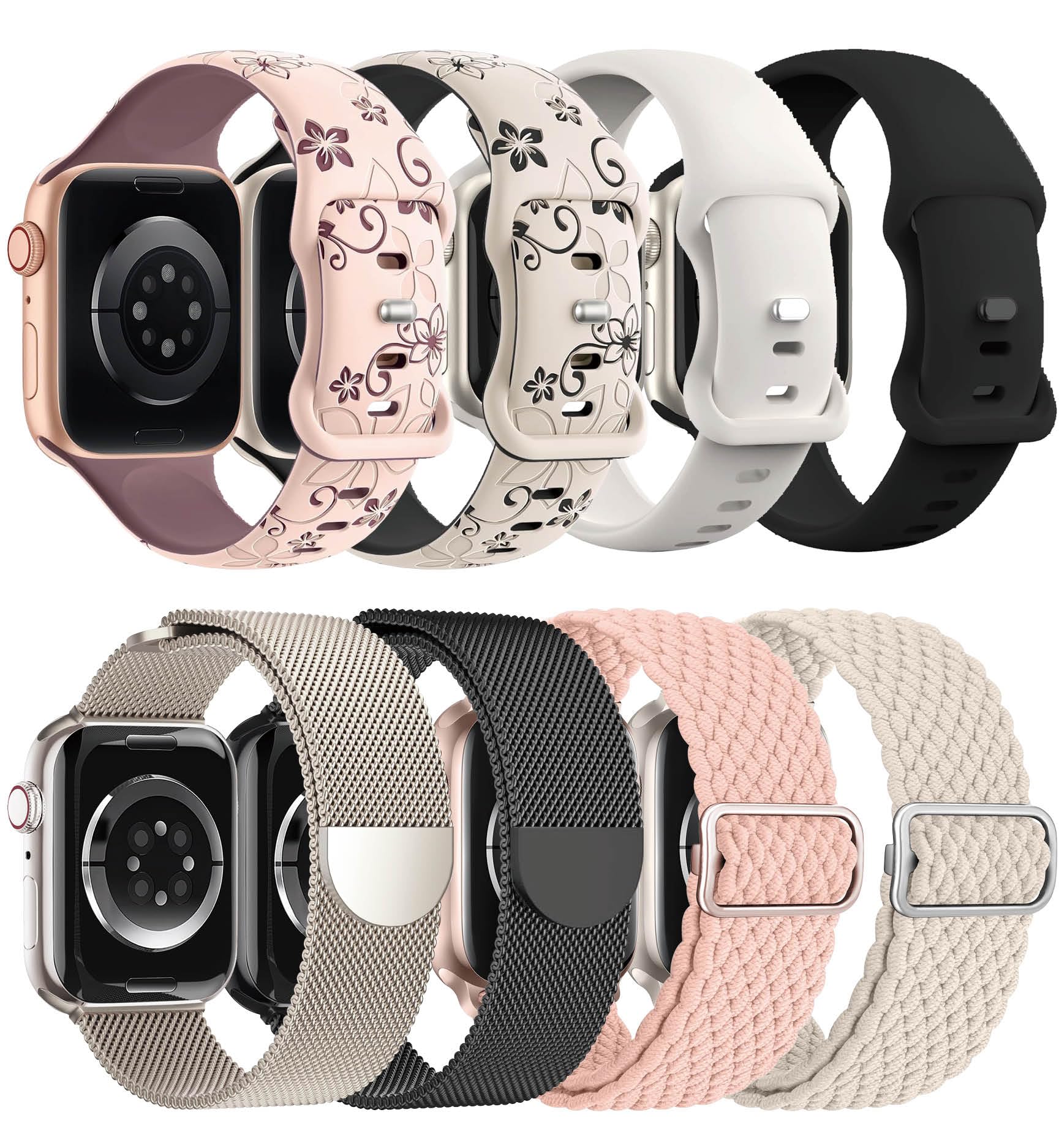 8 Pack Compatible with Apple Watch Band 42mm 40mm 41mm 38mm for Women Men,Engraved Flower Silicone+Sport +Milanese Loop+Braided Nylon Bands for iWatch Series 11/10/9/8/7/6/SE/5/4/3
