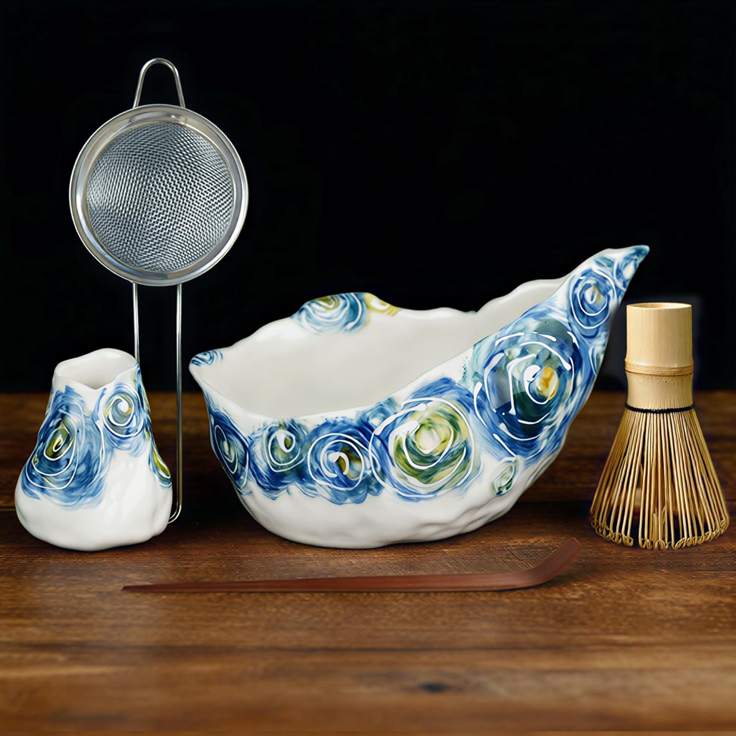 Matcha Whisk Set, Matcha Set Includes Ceramic Matcha Bowl, Bamboo Whisk, Scoop, Chasen Holder, Sifter, 5 Pcs Perfect Matcha Kit for Valentine's Day Gift & Macha Lover(Large Starry Sky Blue)