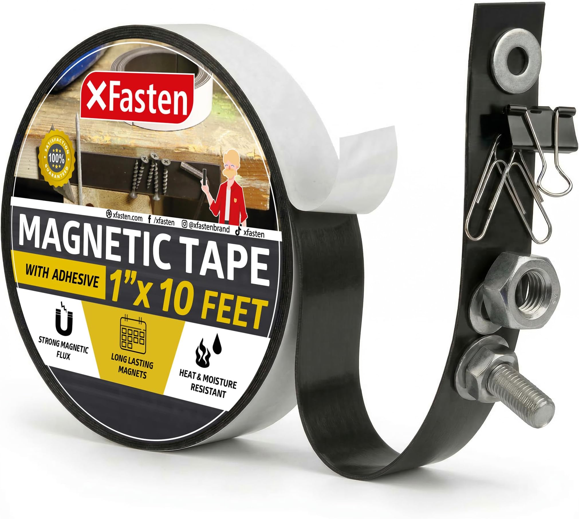 XFasten Heavy Duty Magnetic Tape for Classroom, 1-Inch X 10-Foot Sticky Magnetic Strips with Adhesive Backing, Easy to Install Adhesive and Strong Magnet Tape Roll