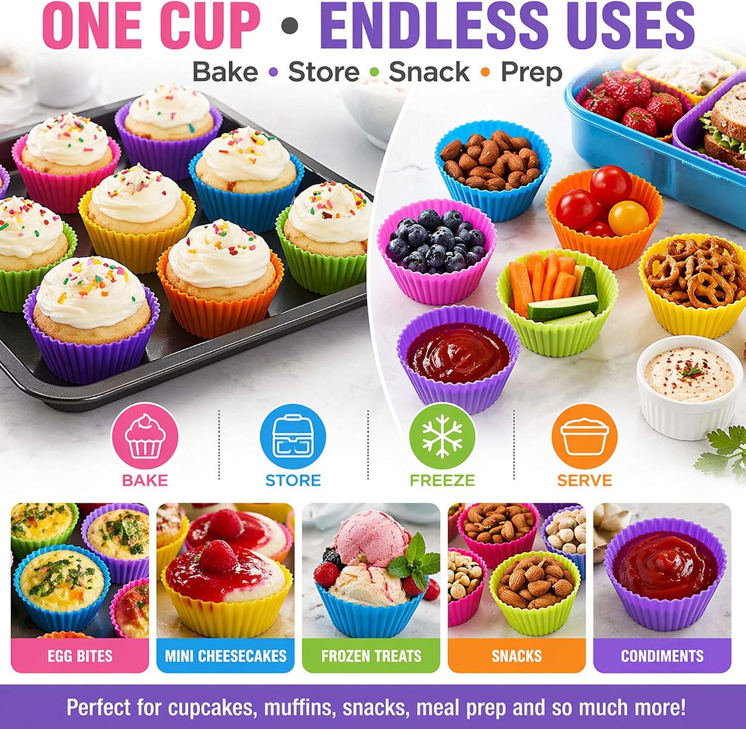 Cupcake Liners - Reusable Silicone Cupcake Baking Cups - Non-Stick Baking Muffins Mold - Use As Lunch Box Dividers - Set of 12 Kitchen Accessories - Great Gift Idea