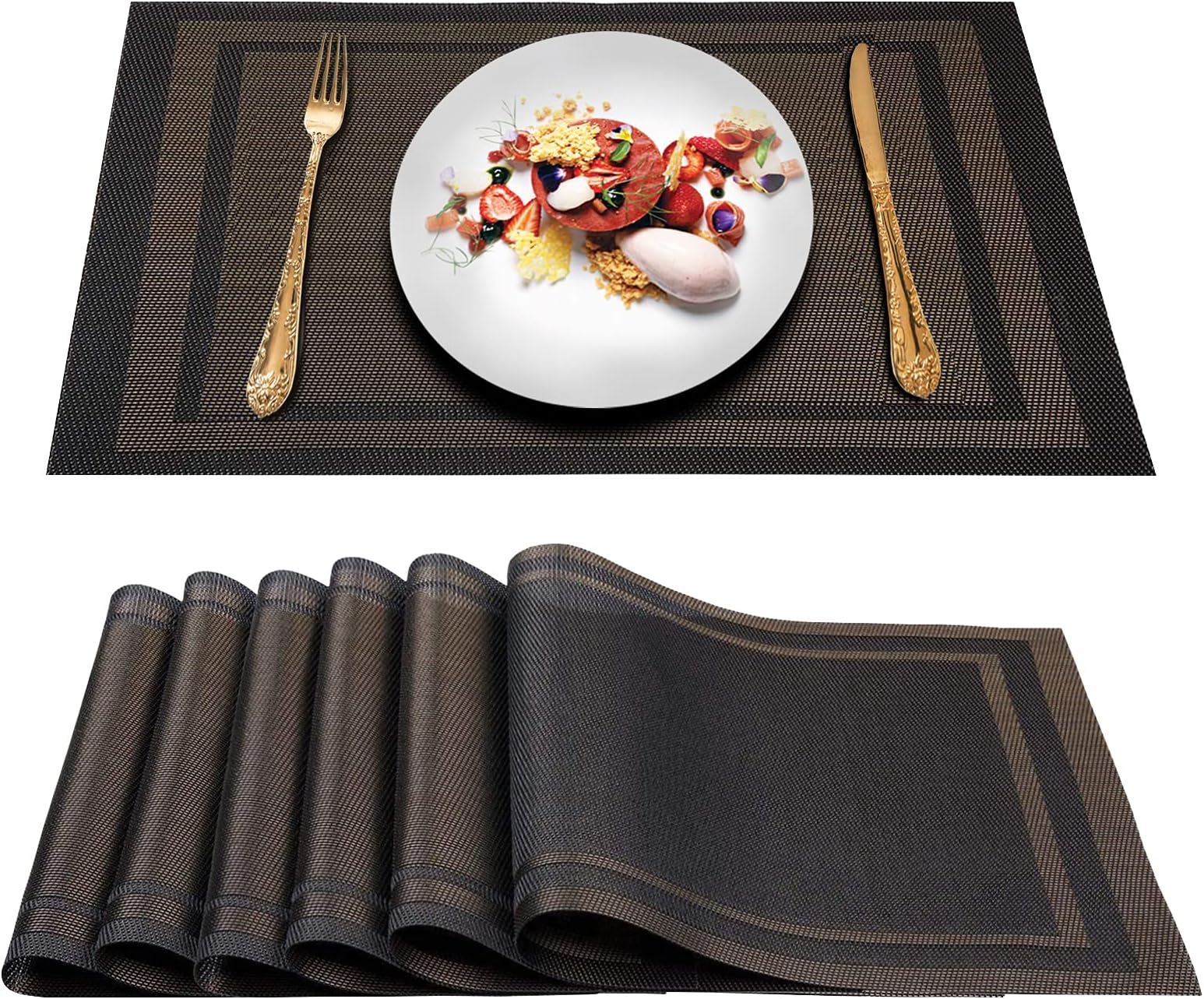 ARTAND Placemats Set of 6, Woven Placemats for Dining Table, Boho Decor Plastic Table Place Mats, Vinyl Table Mats for Indoor Outdoor Black Gold Frames