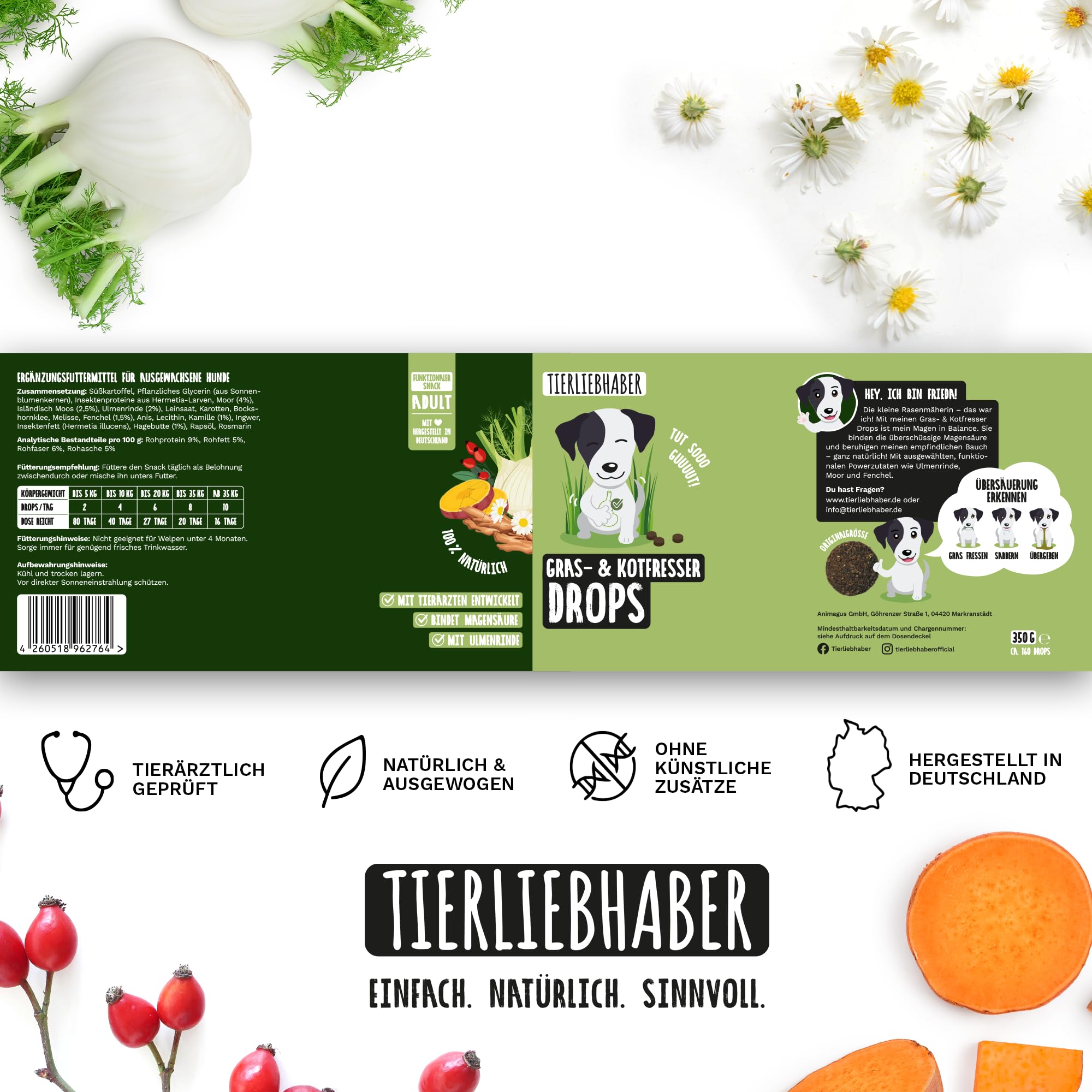 TIERLIEBHABER Gras- & Kotfresser Drops bei Sodbrennen Hund mit Ulmenrinde 350 g ca. 160 Drops