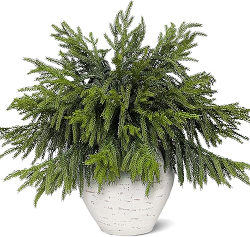 20 ramas de pino Norfolk de tacto real, plantas verdes artificiales de Navidad, ramas de vegetación sintética, tallo de pino falso para jarrón,