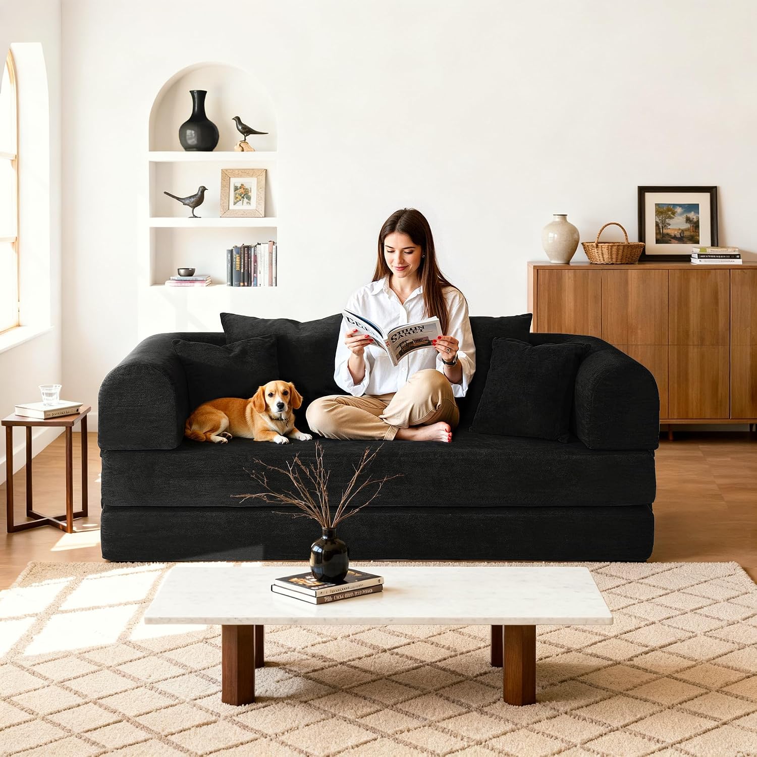 Convertible Sleeper Sofa Bed 79" Chenille Upholstered 4-in-1 Folding Mattress Couch Living Room Bedroom