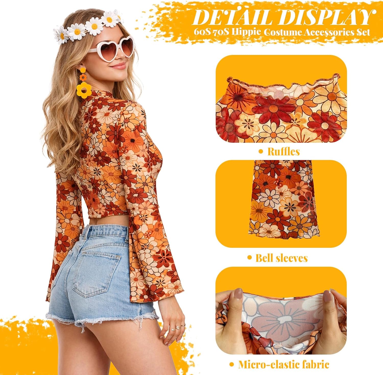 70s Disco Outfits Women 60s Hippie Costume Bell Sleeve Floral Top with Sunglasses Earrings Headband 70s Accessories