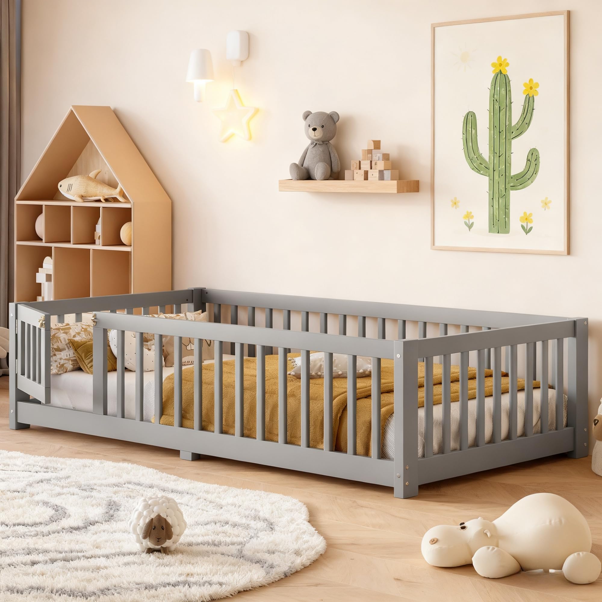 Twin Size Floor Bed with Door and Support Slats, Wood Kids Floor Bed with Full-length Guardrails, Montessori Floor Bed Frame for Kids, Boys, Girls,