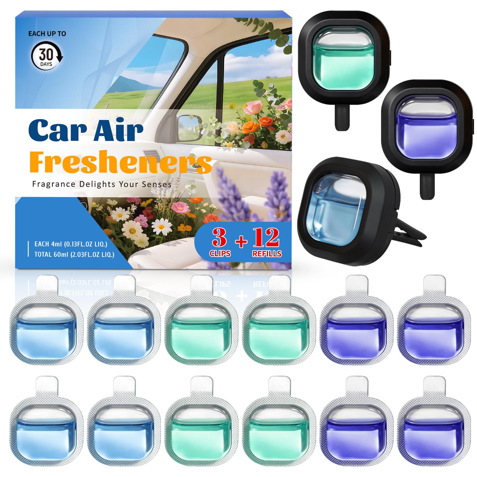 SCENTORINI Ambientador Coche, Perfume para Coche con 3 Clip y 12 Recargas, Fragancia de Brisas Marinas y Coche Nuevo y Lavandas Ambientador de Coche para Eliminar Olores Perfume Durante 30 Días