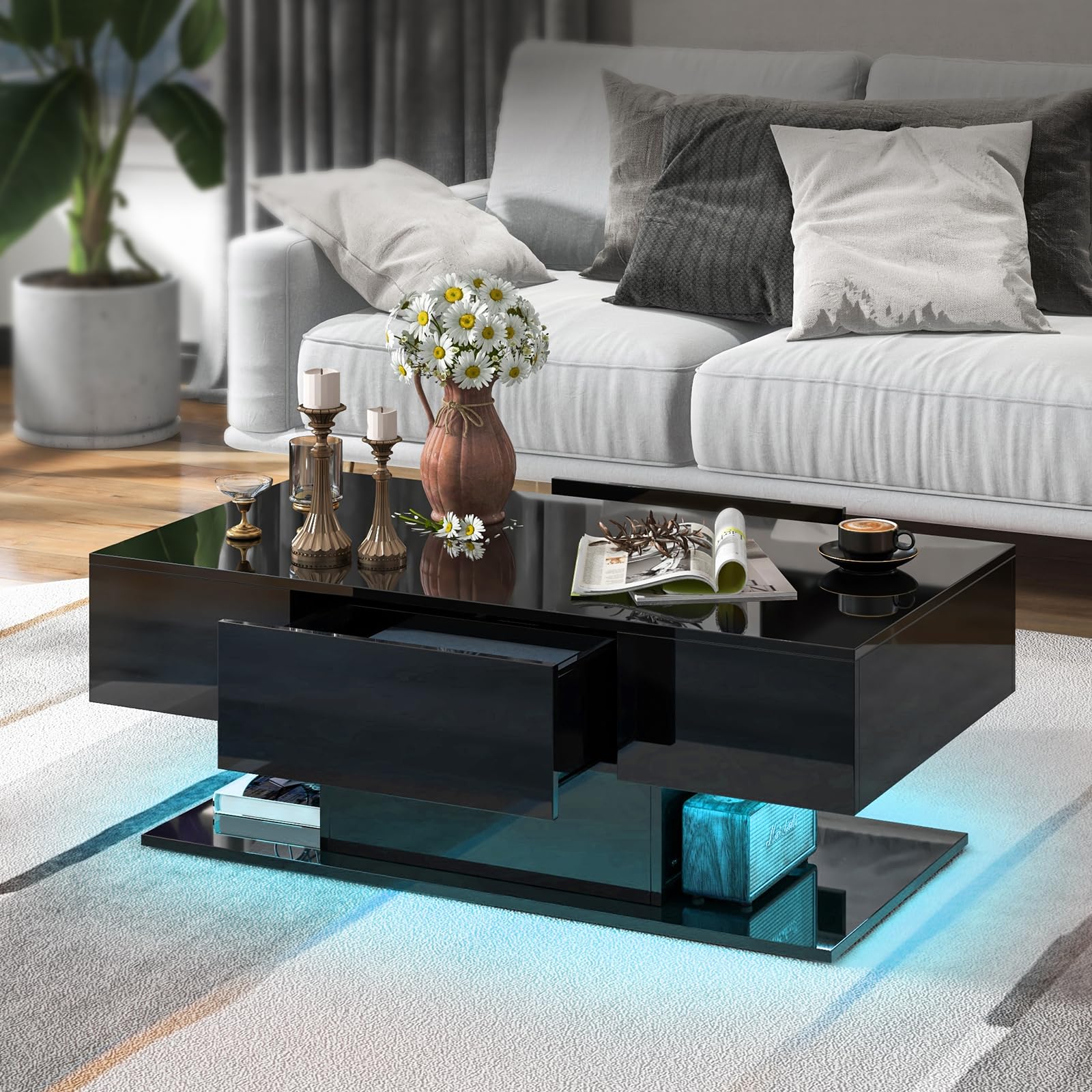LIFEZEAL Tavolo Basso con Illuminazione LED, Tavolo da Salotto Lucido con 20 Colori e Telecomando, Tavolo Basso Moderno con 2 Cassetti, 110x60x40 cm, per Soggiorno, Ufficio (Nero)