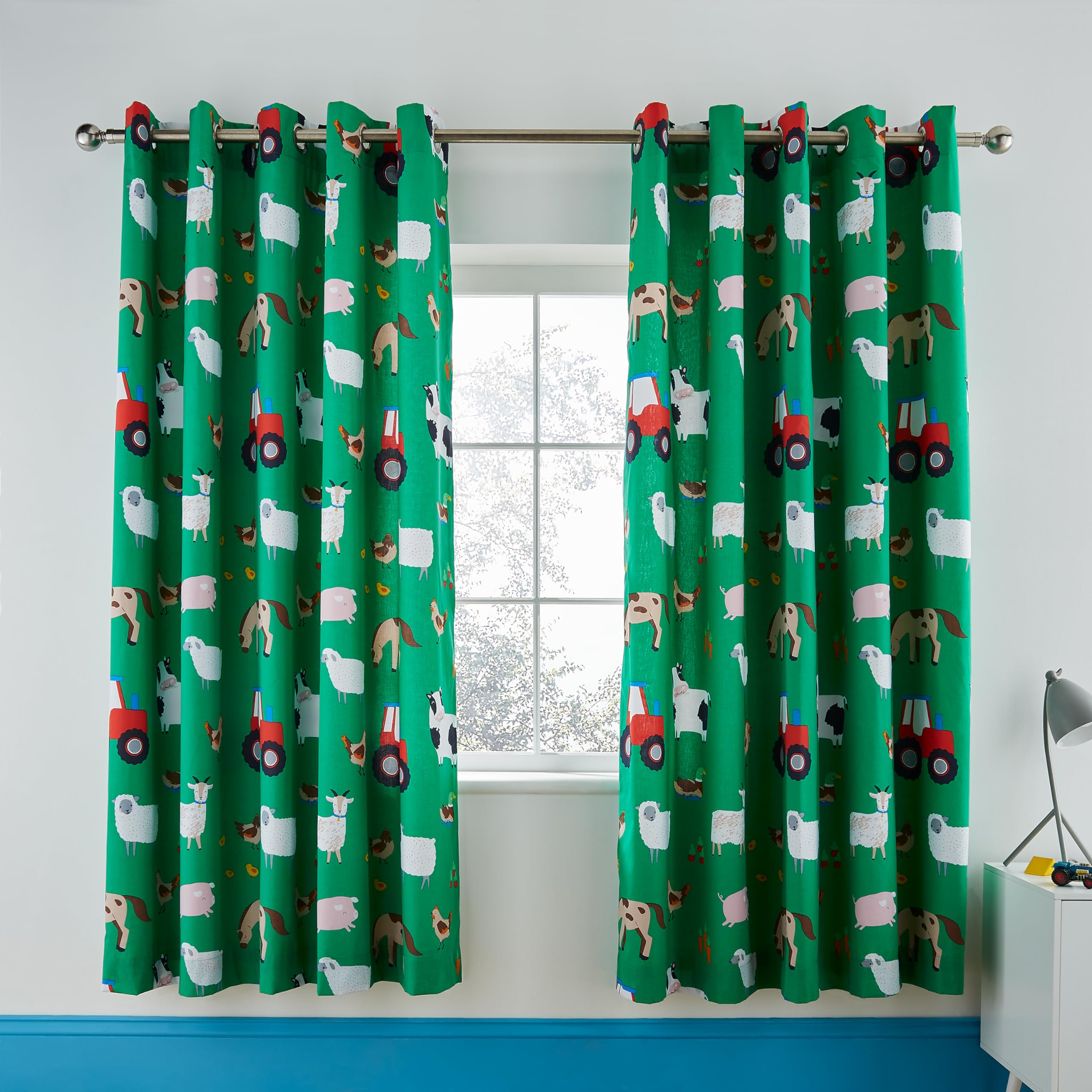 Catherine Lansfield Green Farmyard Animals 66X72 Inch Eyelet Curtains Two Panels