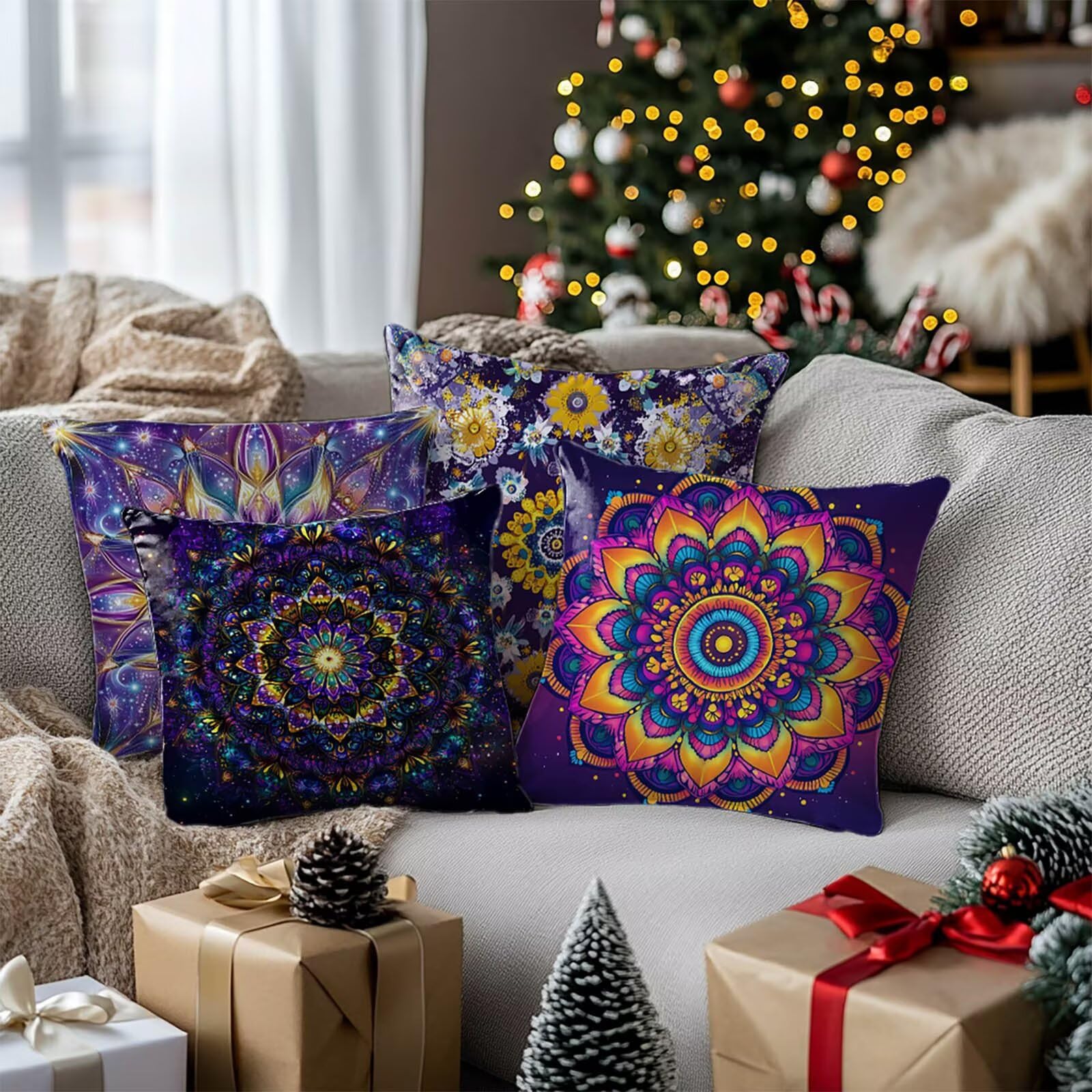 Mandala poszewki na poduszki 65 x 65 cm zestaw 4, wodoodporne poszewki na poduszki na sofę na sofę świecące poszewki na poduszki na sofę z zamkiem błyskawicznym do ogrodu ławka dekoracja domu XTBZ