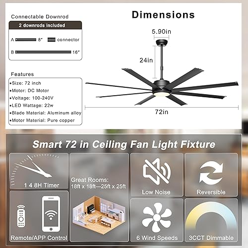 Miniatura 2 de Ohniyou Ventilador de techo de 72 pulgadas con luces, ventilador industrial grande con control remoto y aplicación, regulable, motor de CC,