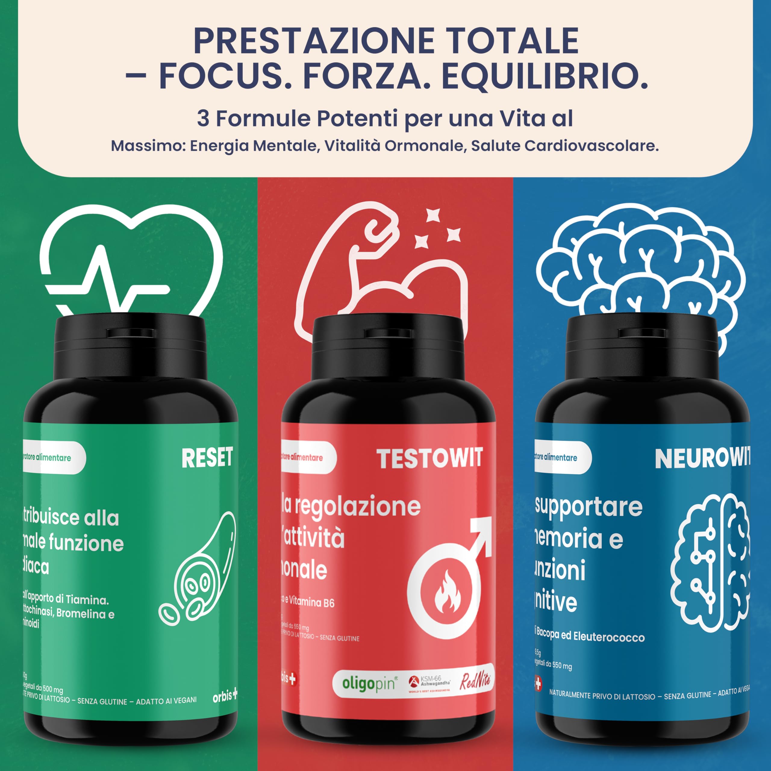 ORBIS NEUROWIT + TESTOWIT + RESET | Set Forza Totale Uomo | Supporto Cognitivo, Ormonale e Cardiaco Naturale | Con Bacopa, Ashwagandha, Curcuminoidi, Muira Puama e RedNite® | 330 Capsule