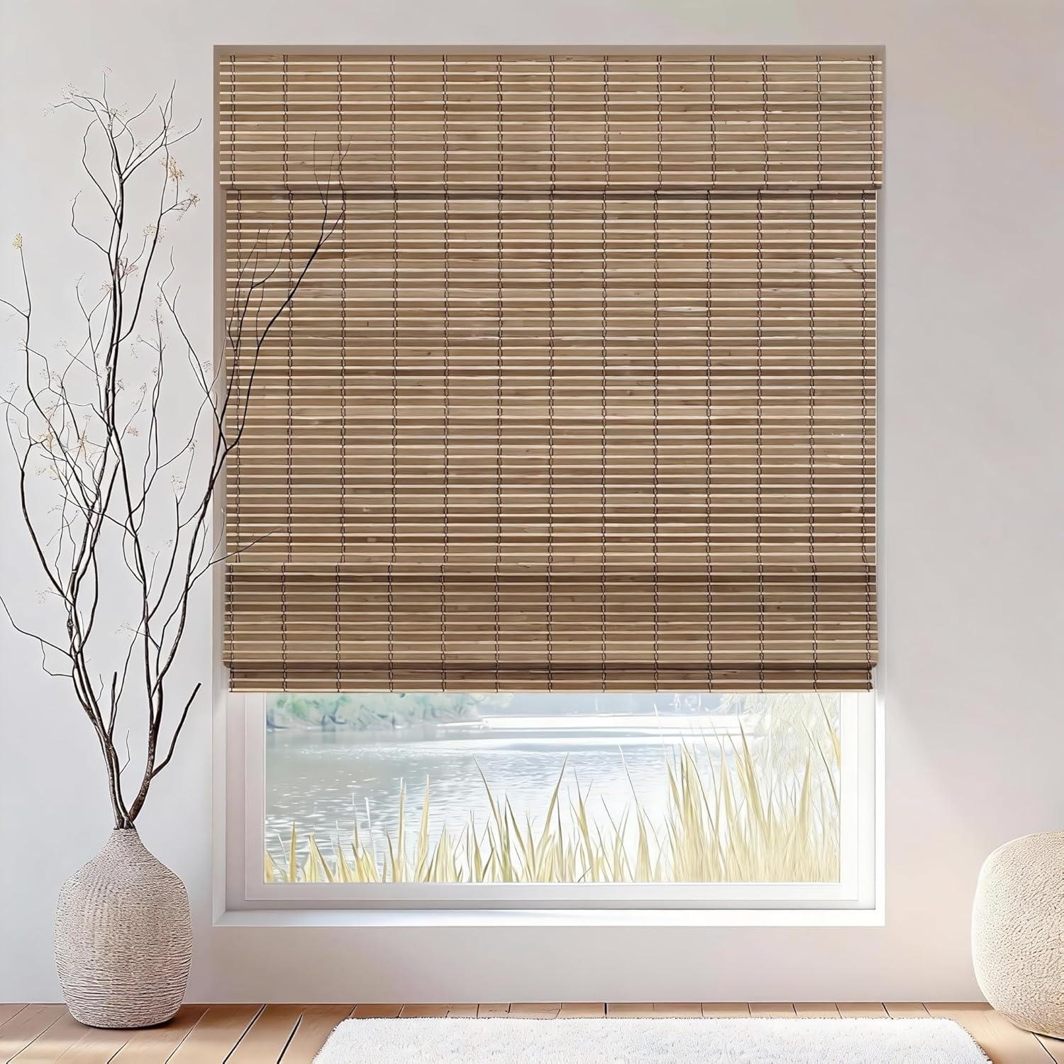 Cordless Bamboo Shades for Windows Room Darkening Roll Up Roman Bamboo Blinds Window Blinds for Patio, Garden, Pergola, Porch.Natural, 65" W x 62" H (165.1cmW x 157.48cmH)