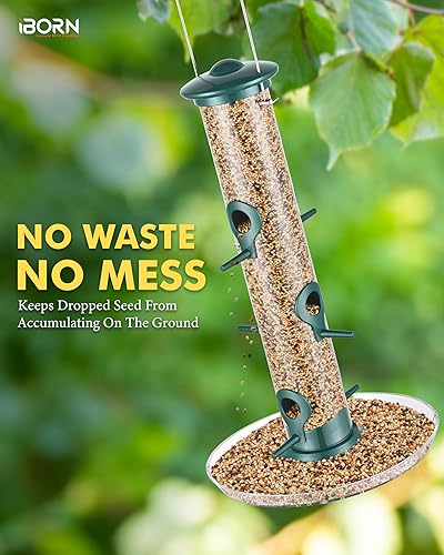 Miniatura 4 de iBorn Comedero para pájaros con 6 puertos para colgar en el exterior, alimentador de pájaros cardenales de metal de aluminio, acabado verde, 14