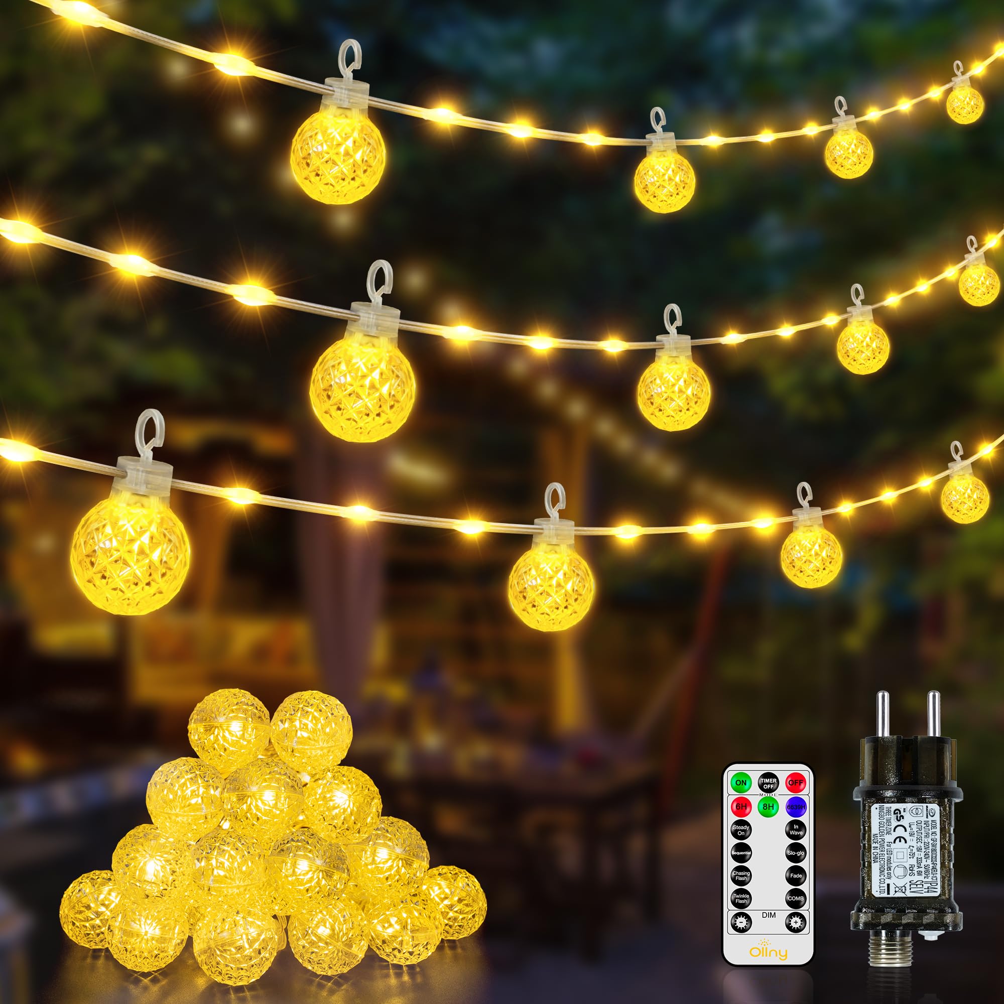Ollny Led Lichterkette außen 10M, Lichterkette Strombetrieben mit Fernbedienung und Timer, 8 Modi wasserdicht Warmweiß Lichterkette für außen und innen Garten Hochzeit Balkon Party
