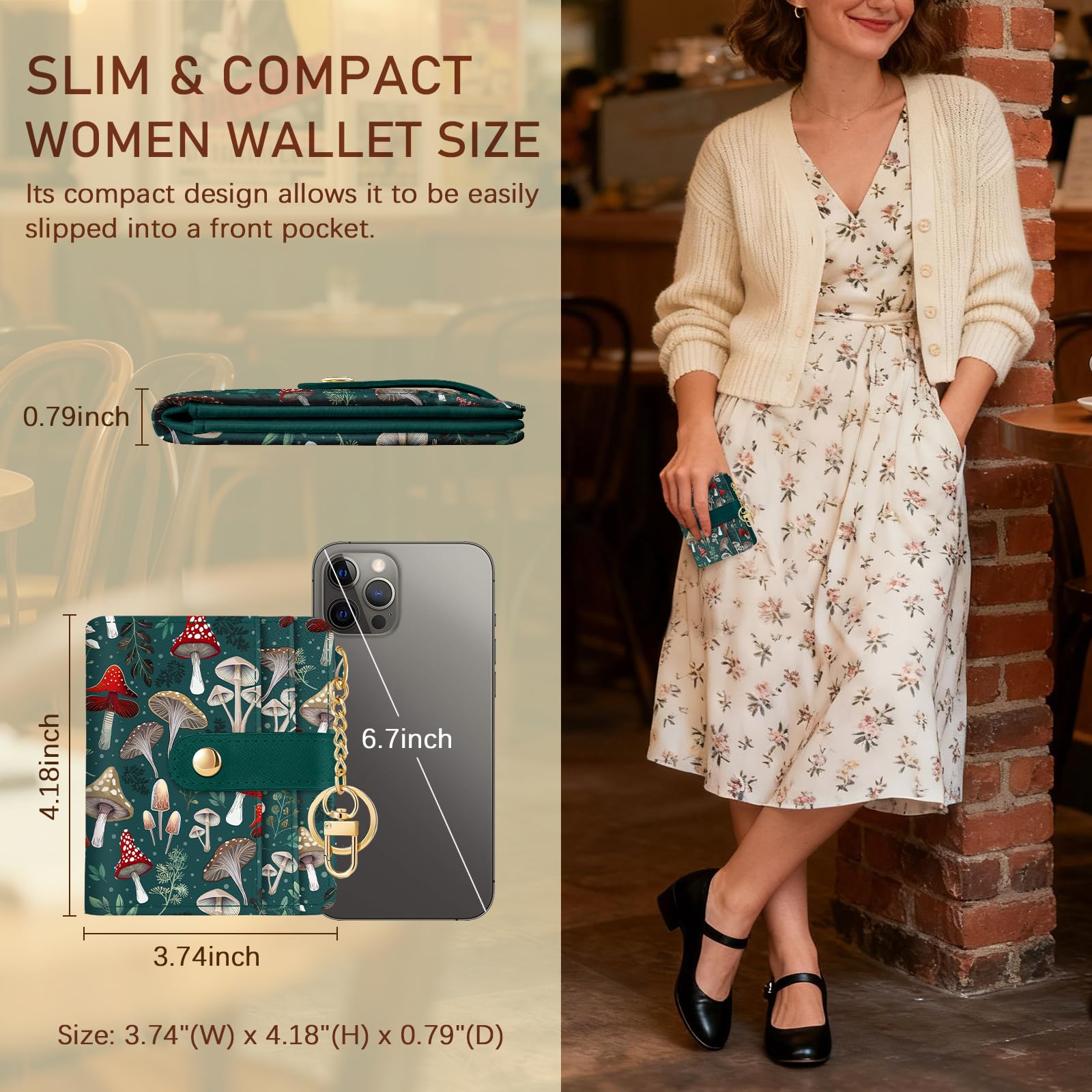 Jogjam  Rfid Ladies Wallet, Small Slim Thin Compact Credit Card Women Wallet, PU Leather Bifold Cash Zipper Coin Pocket ID Window for Female: Mushroom Green