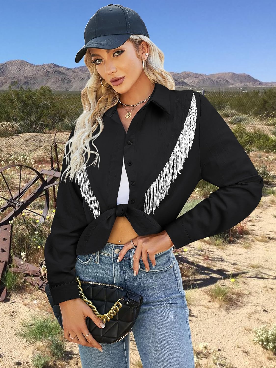 MYMORE Womens Sparkly Fringe Cropped Button Down Shirt Rolled 3/4 Sleeve Tie Front Top Western Cowgirl Rodeo Outfit - Image 2