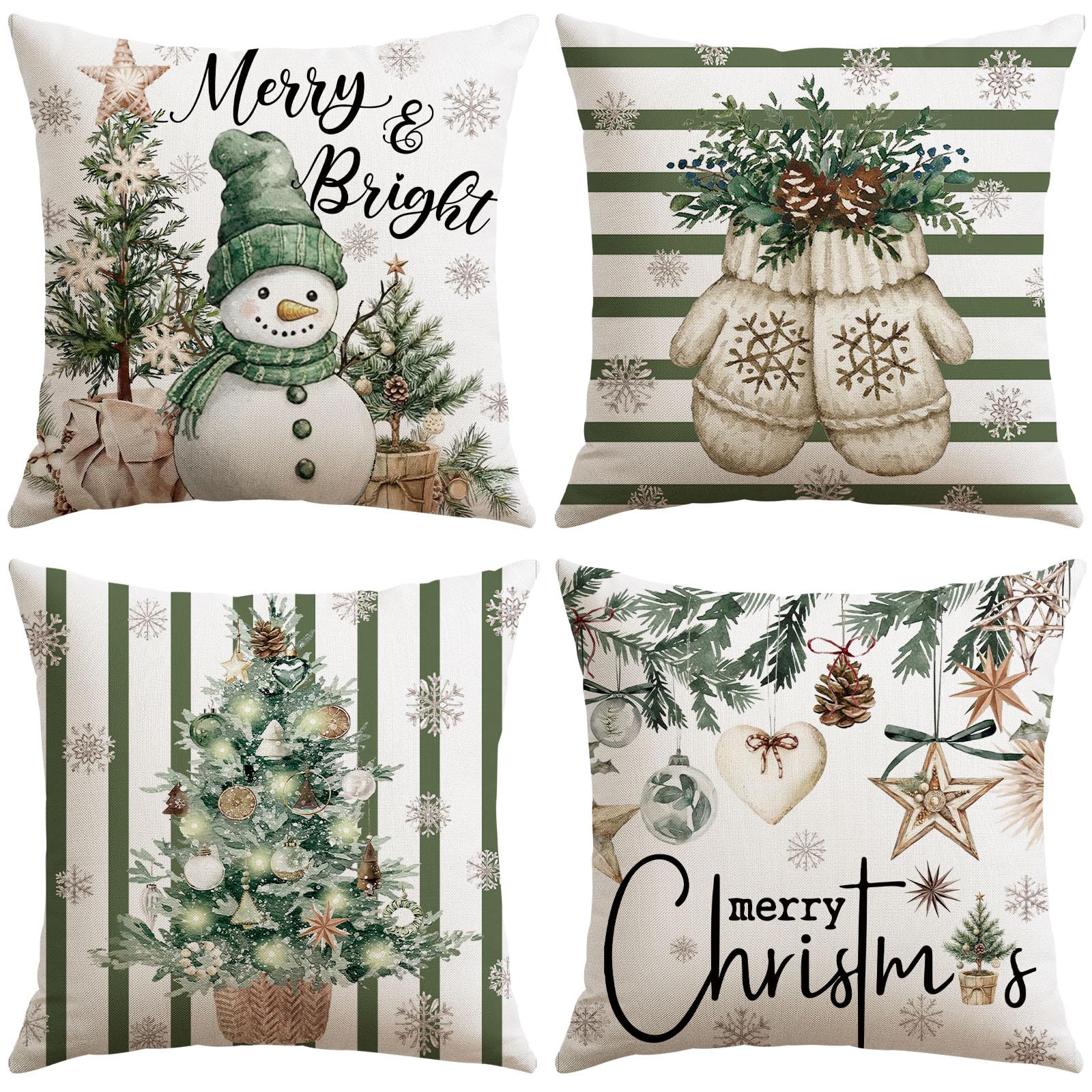 Sungeek Christmas Cushion Covers 45x45 cm Set of 4, Xmas Trees Merry & Bright Snowman Gloves Green Striped Decorative Pillow Covers Winter Holiday Throw Pillow Cases for Sofa Couch Bedroom Living Room