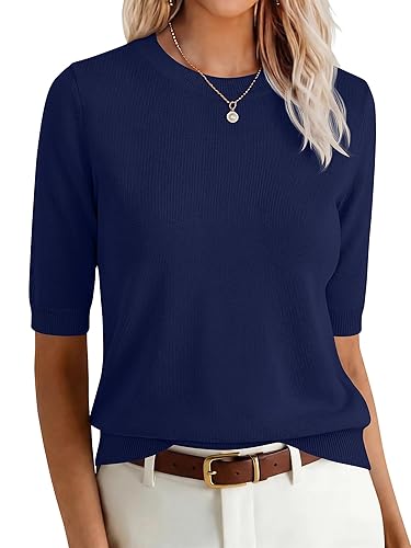 ANRABESS Short Sleeve Sweaters for Women Summer Wool Blend Crew
