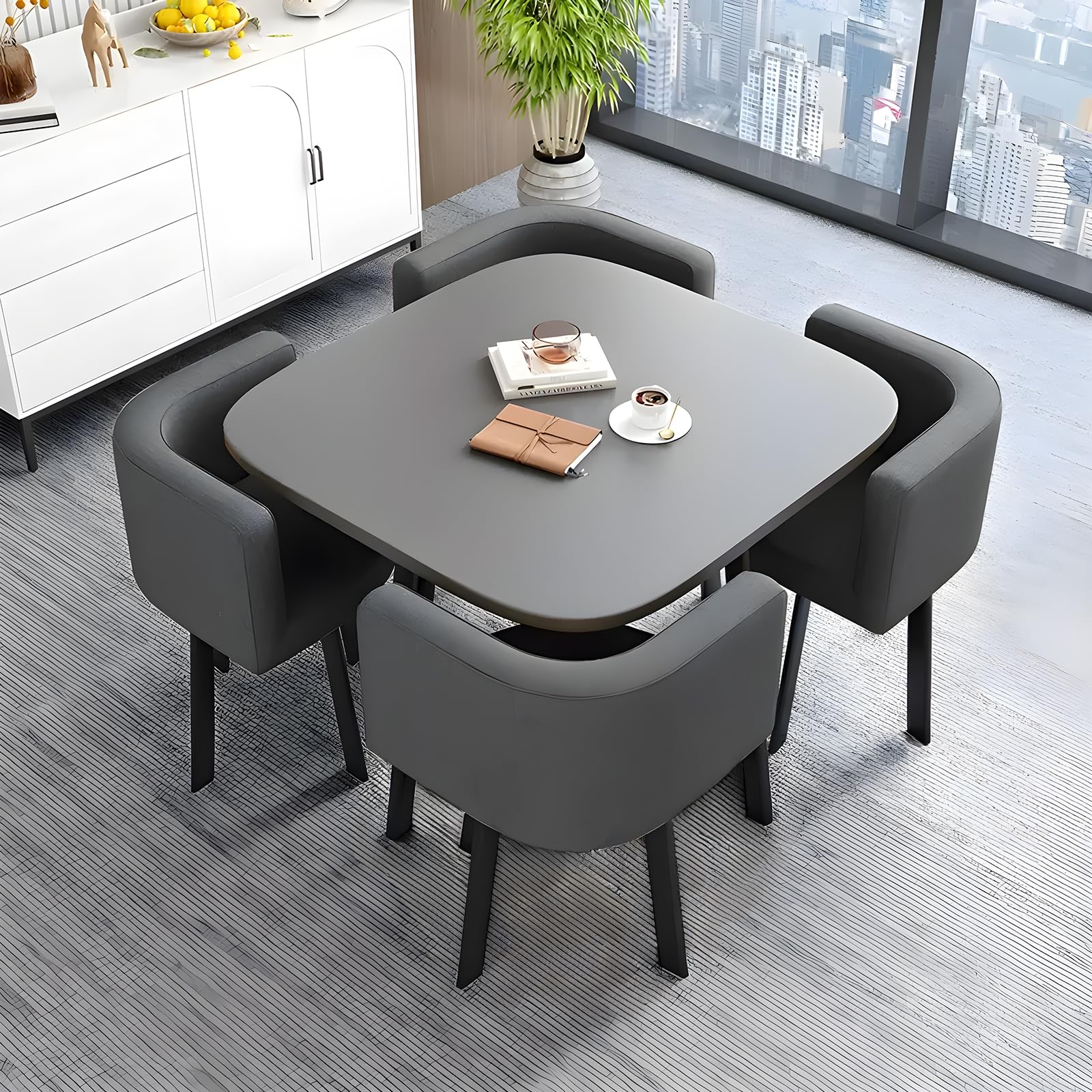 Essgruppe 5-Teilig, 80cm Quadratischer Esstisch und 4 Esszimmerstühle, Küchentisch aus MDF und Gepolsterter Stuhl für Küche, Wohnzimmer, Balkon, Restaurant, Büro, Quadratisch + Grau