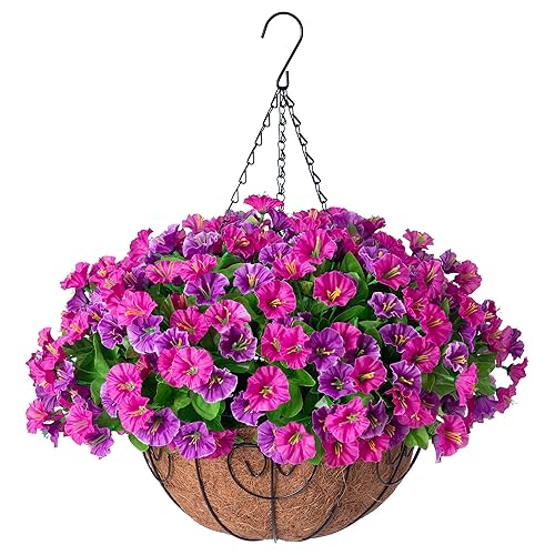 Artificial Hanging Flowers with Basket, Faux Silk Petunias Flower Arrangement,