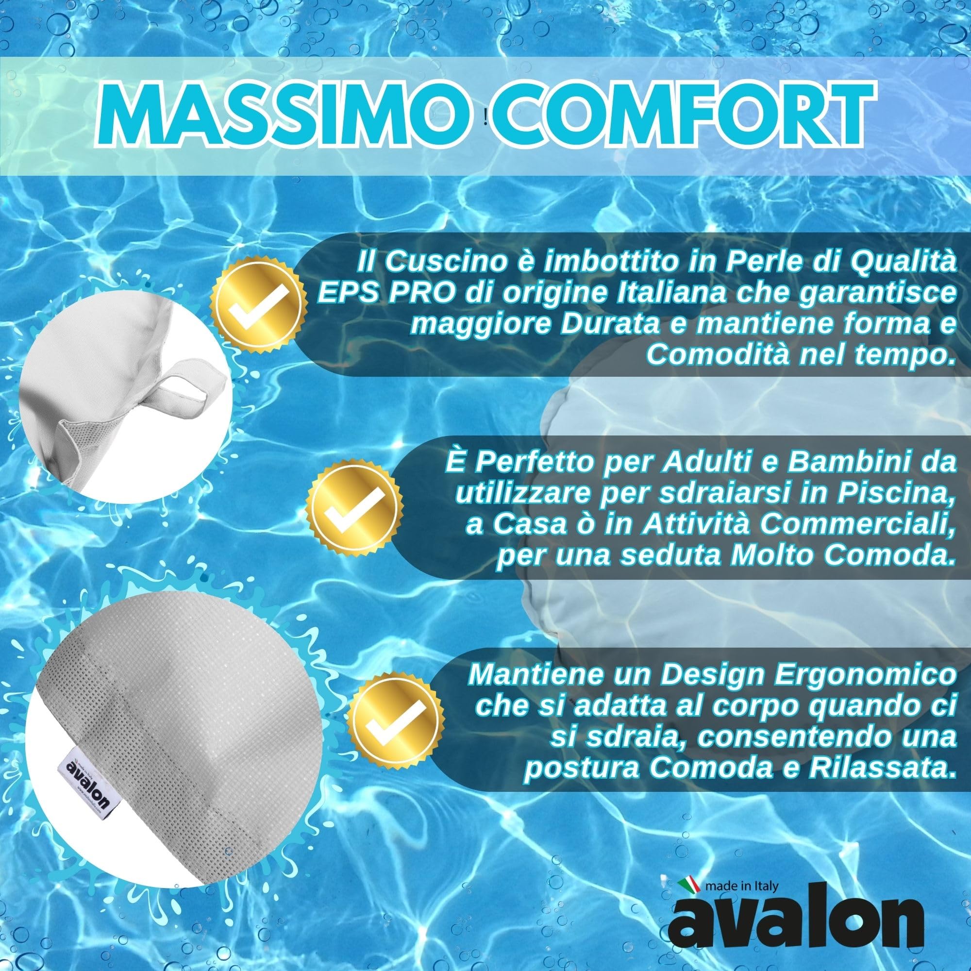 Avalon - Cuscino Galleggiante per Piscina Pouf Poltrona Sacco BOA, Pouffe Amaca, Pouf a Sacco in Tessuto Tecnico Antistrappo e Impermeabile, Arredo Moderno, Made in Italy(135xh30cm-Grigio)