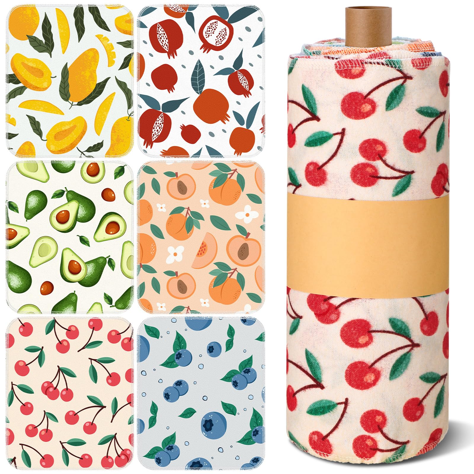 Redbaker 30 Pcs Reusable Paper Towels Rolls Towels Bulk Kitchen Washable Paperless Cloth Cotton Hand Napkins with Cardboard Reusable Napkins for Kitchen Bathroom (Fruit Design)