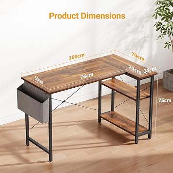 CubiCubi L Shaped Corner Desk, 100x70 cm Computer Desk with Storage Bag, Small Writing Table with Large Reversible Storage Shelves, Workstation for Study Play Work Home Office, Rustic Brown