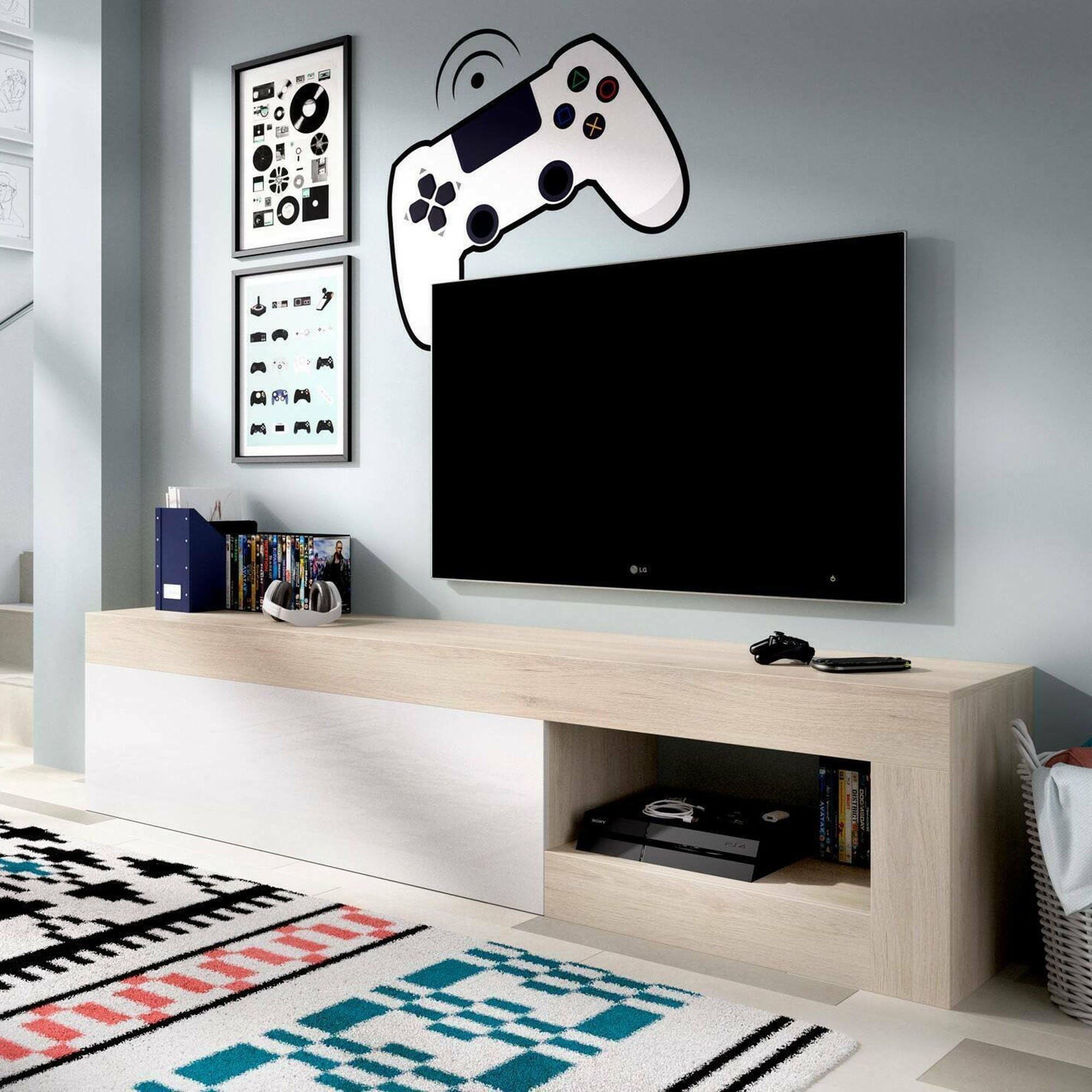 Dmora - Mobile porta TV Averau, Credenza bassa da soggiorno, Madia da salotto per televisione, 204x42h48 cm, Rovere e Bianco