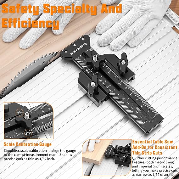 Thin Rip Table Saw Jig - 3-Pulley Design for Repetitive Narrow Strip Cuts, Fits 3/8x3/4 U/T Slot & 1/4x3/8 T Slot, Compatible with Table Saw/Band Saw/Router Table