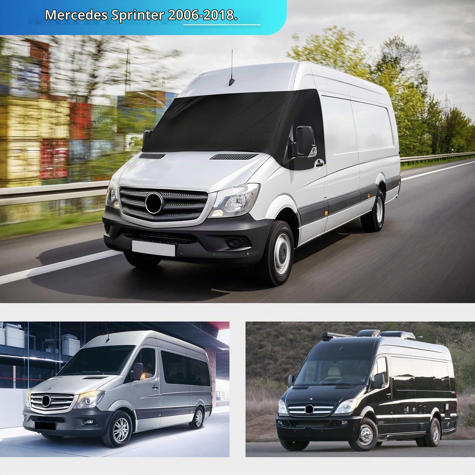 Copri Parabrezza Adatto per Mercedes Sprinter 2006-2018, 600D Panno Oxford 100% Blocco Della Luce, Impermeabile, Resistente ai Raggi UV/Congelamento/Gelo Resistente (Nero,2006-2018)