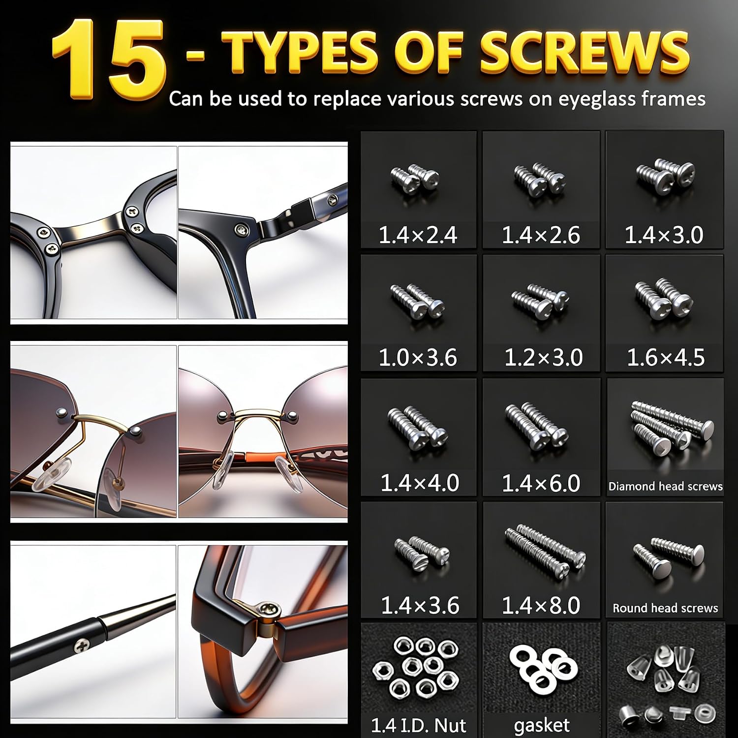 PTSLKHN Eyeglass Repair Kit with Screws, 15 Types Screws for Eyeglasses - Frame Screws, Hinge Screws, Nose Pads Screws - Essential Eye Glasses Repairing Kit Tool