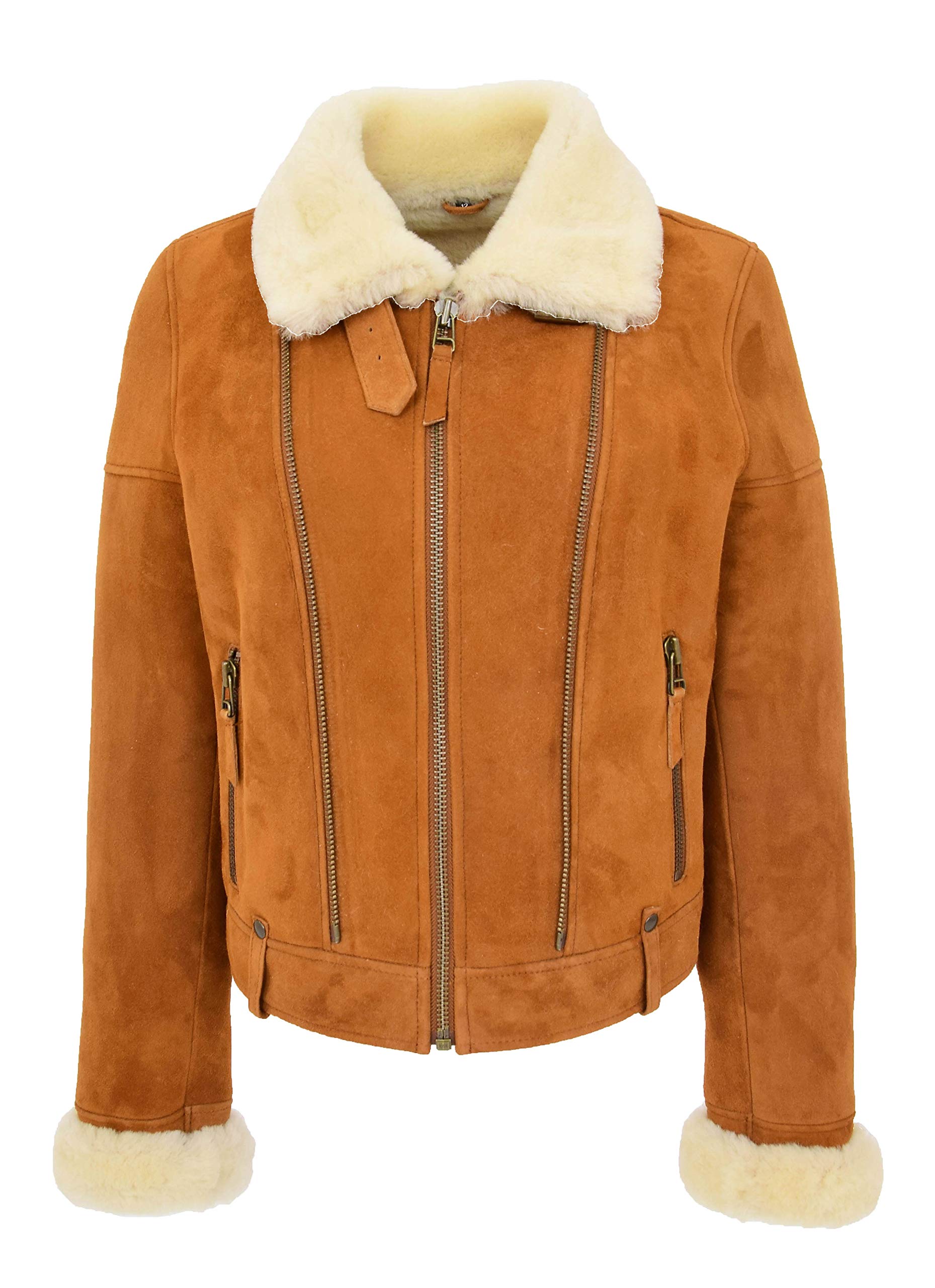 House of Leather - Women's Tan Real Sheepskin Biker Jacket - Size 18
