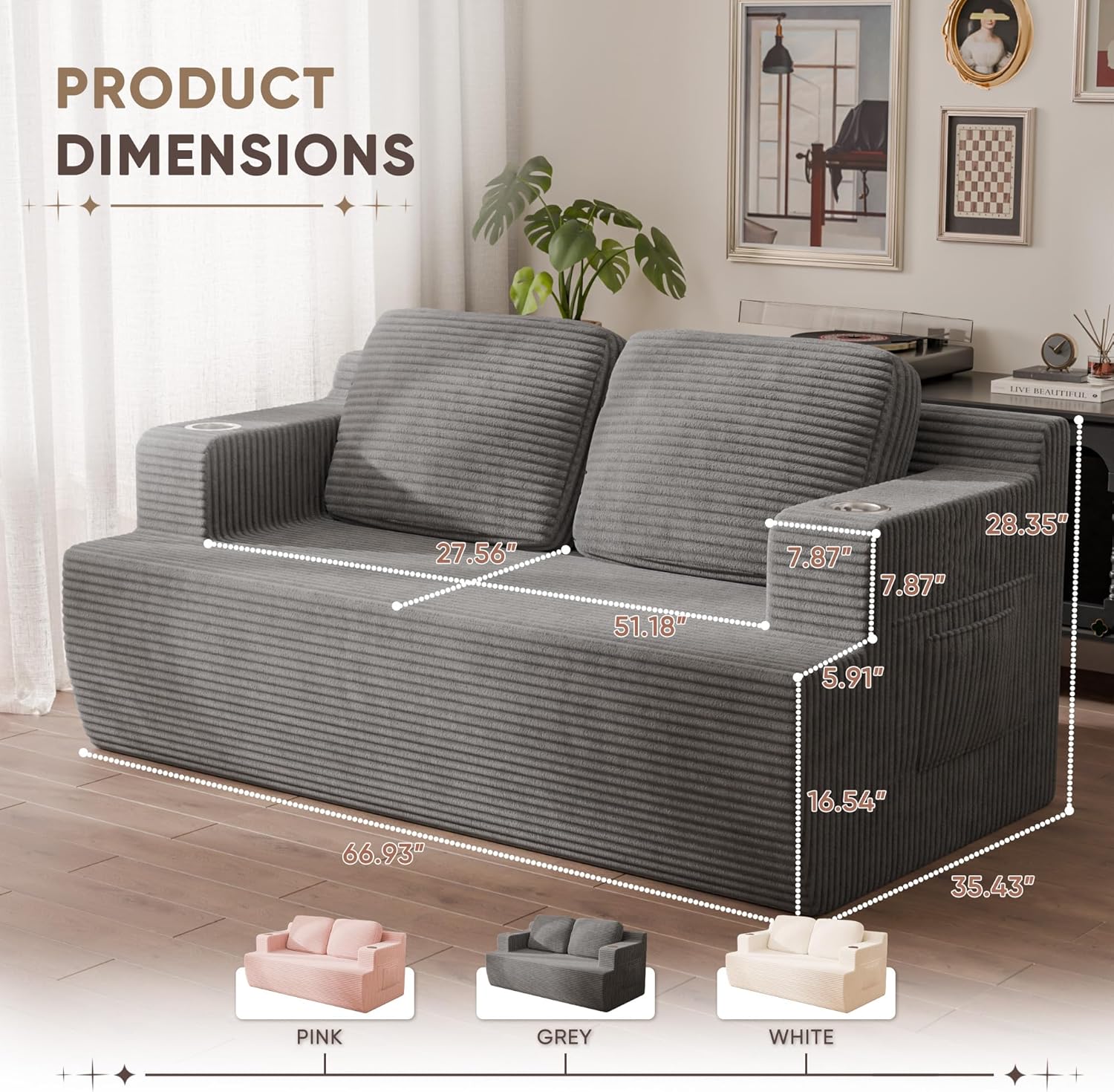 Homall 67” Boneless Sofa Couch with 2 Pillows Extra Deep Seats, Corduroy Fabric 3 Seater with Cup Holder & Storage Pocket Upholstered Floor Easy Installation (Grey, Loveseat)