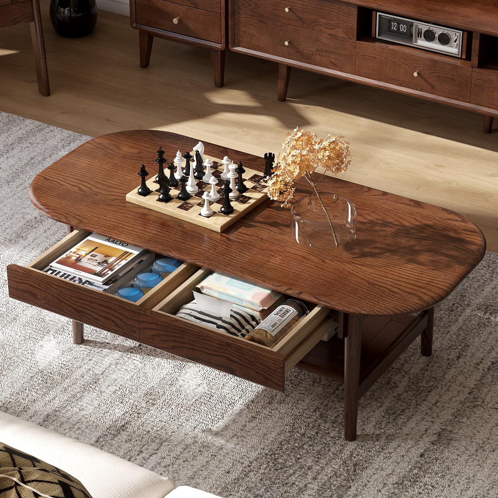 100% Solid Oak Wood Coffee Table for Living Room, 2-Tier Mid-Century Modern Table with 2 Drawers & Open Shelf, Living Room Table with Rounded Corner