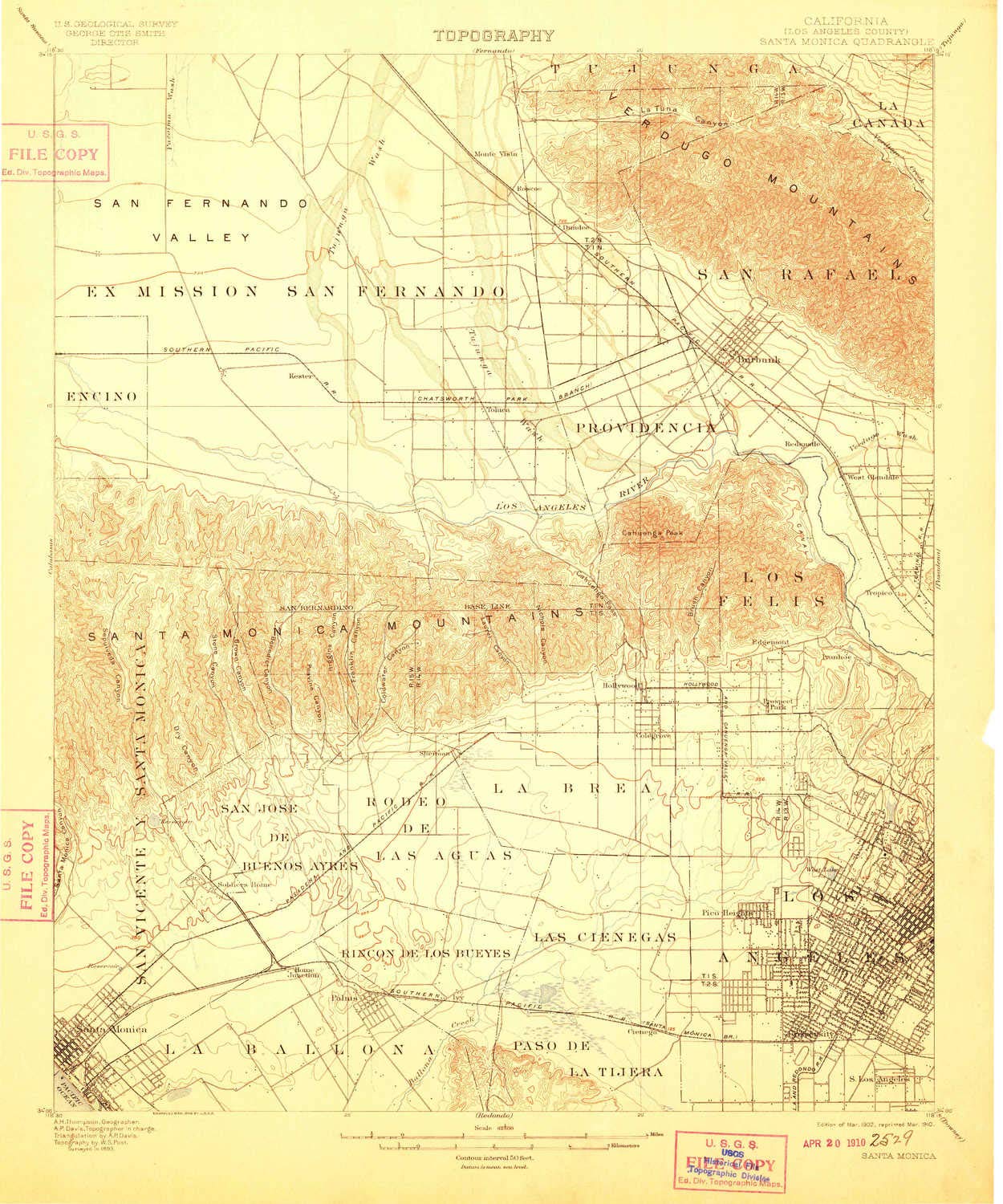 YellowMaps Santa Monica CA topo map, 1:62500 Scale, 15 X 15 Minute, Historical, 1902, Updated 1910, 19.9 x 16.6 in - Tyvek