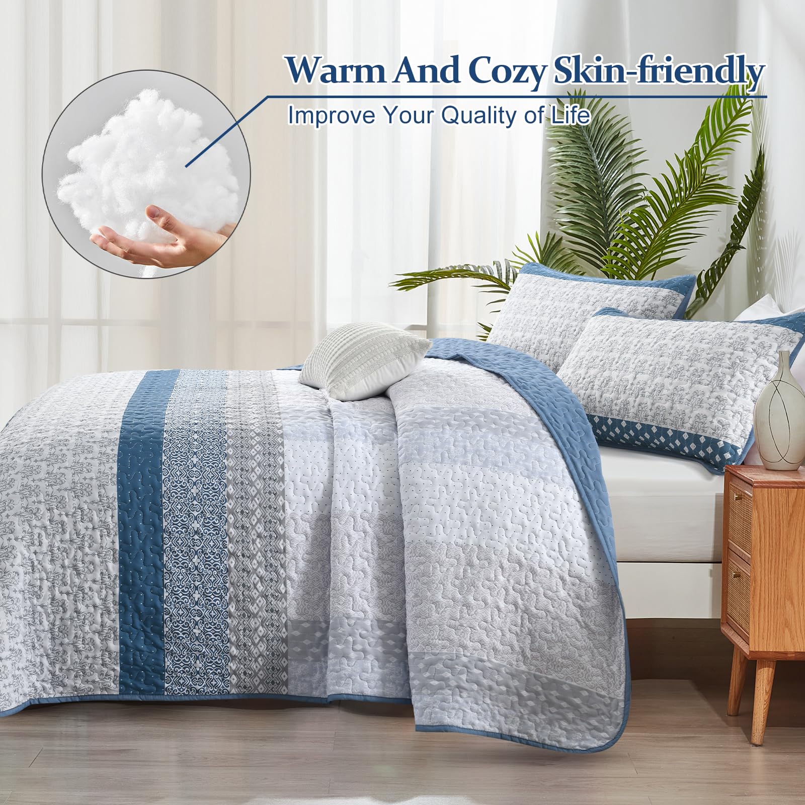 Blue Quilt Queen Size, Bohemian Stripe Quilt Sets 3 Pieces Boho Quilted