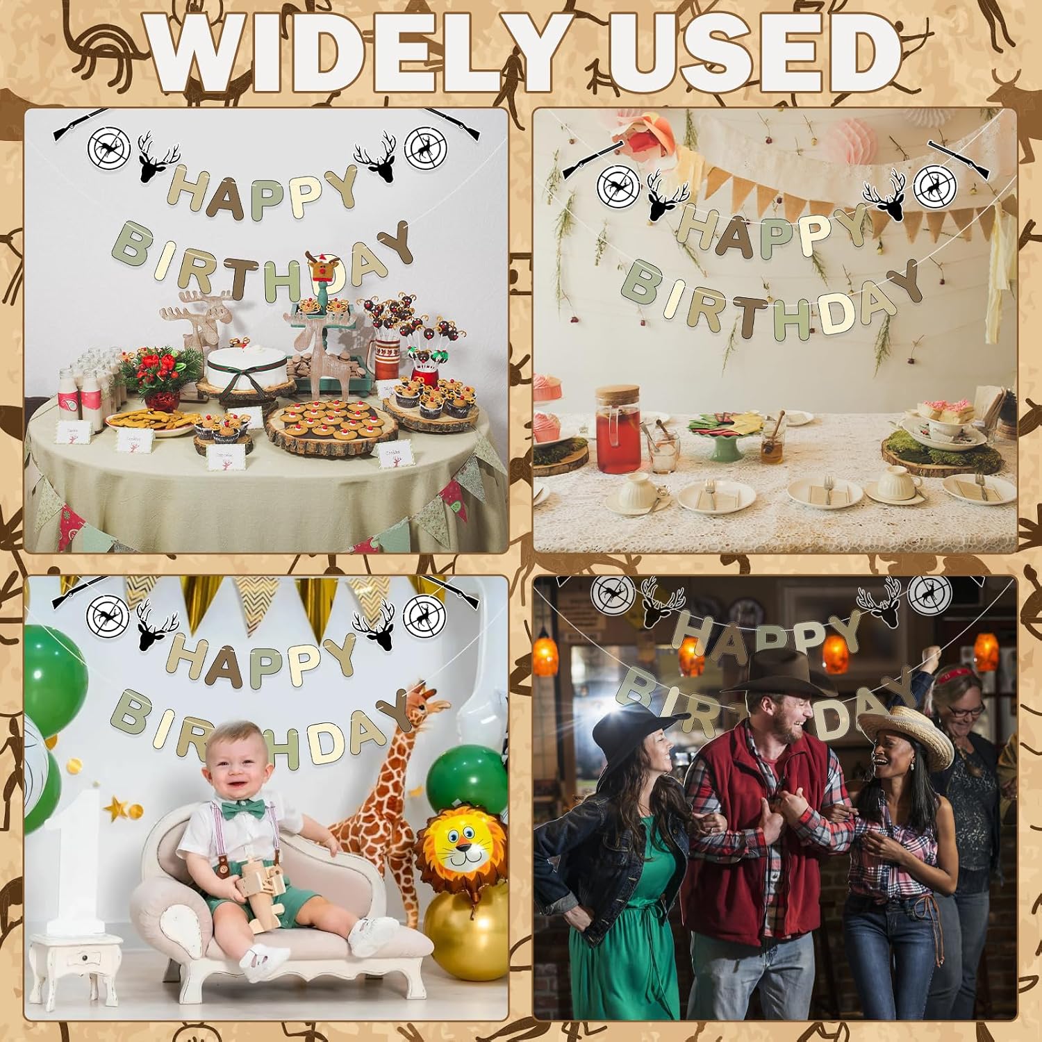 Deer Hunting Camouflage Happy Birthday Banner, Hunting Birthday Party Decorations Supplies, Camo Party Decor Supplies Suitable for Hanging in Any Space Indoors or Outdoors
