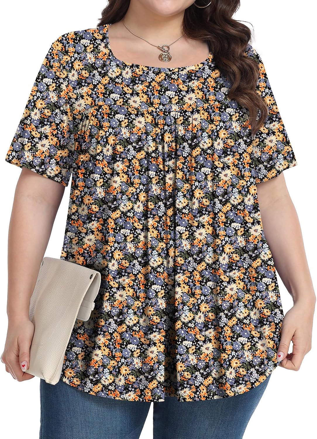 PEVRL Plus Size Tops for Women Summer 2026 Short Sleeve Shirts Tunics Square Neck Casual Loose Blouses 1X-5X