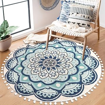 Uphome Round Rug 4ft Blue Circle Boho Rug with Pom Pom Fringe Non-Slip Washable Living Room Rug Soft Cute Blooming Mandala Throw Rug for Kids Room Bedroom Entryway Nursery