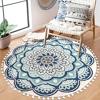 Uphome Round Rug 4ft Blue Circle Boho Rug with Pom Pom Fringe Non-Slip Washable Living Room Rug Soft Cute Blooming Mandala Throw Rug for Kid's Room Bedroom Entryway Nursery