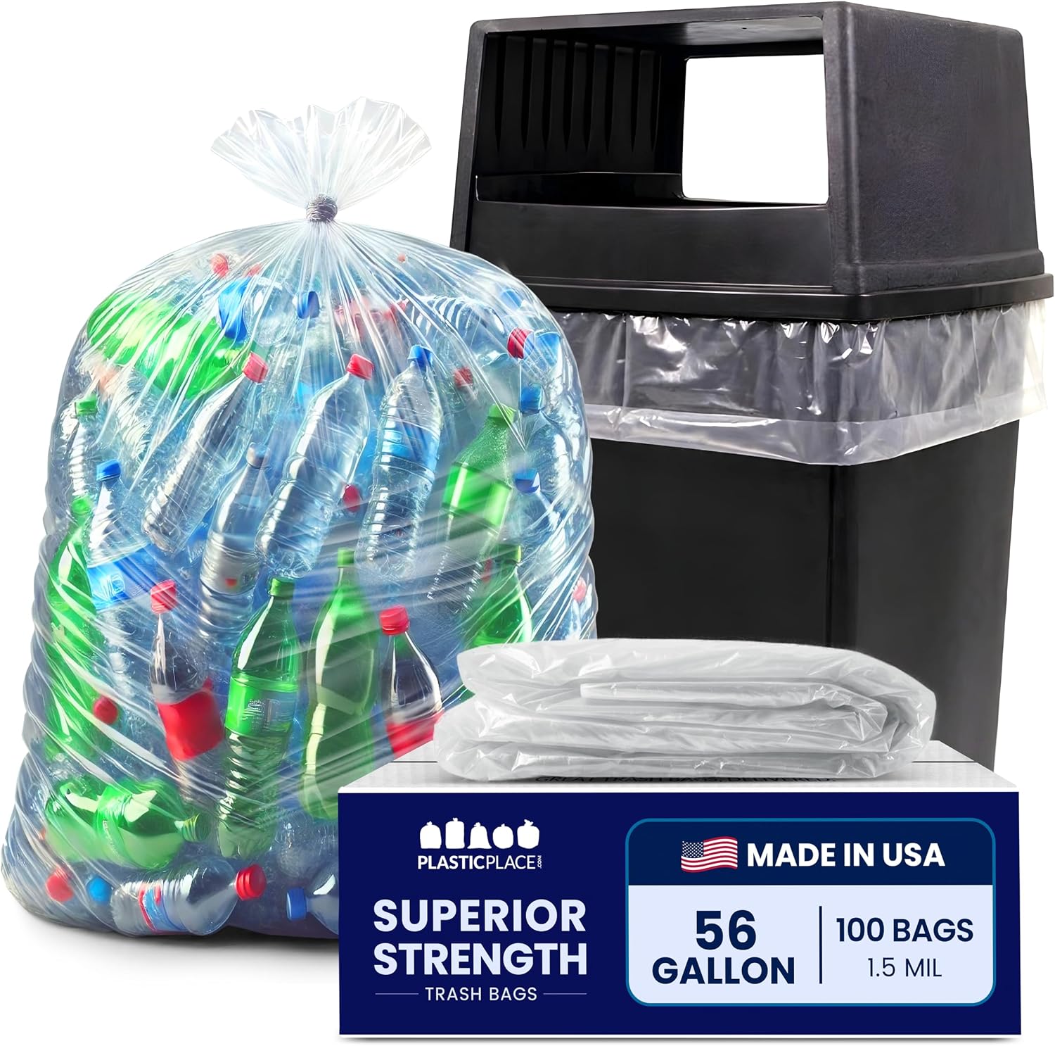 Plasticplace 56 Gallon Trash Bags │ 1.5 Mil │ Clear Heavy Duty Liners, Fits Glutton Garbage Can │ 43” x 46” (100 Count)