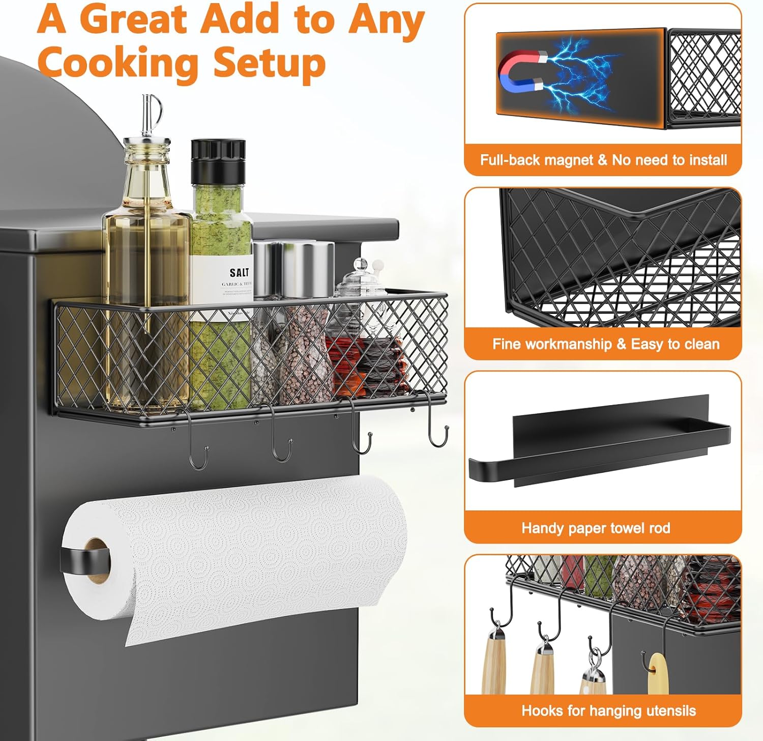 Ormeli 2 Pack Magnetic Storage Bin for Traeger Smoker Grill Caddy with Paper Towel Holder, Grill Basket for Some Models of Traeger/Pit Boss/Z Grill Smoker Accessories, Griddle Caddy for Outdoor